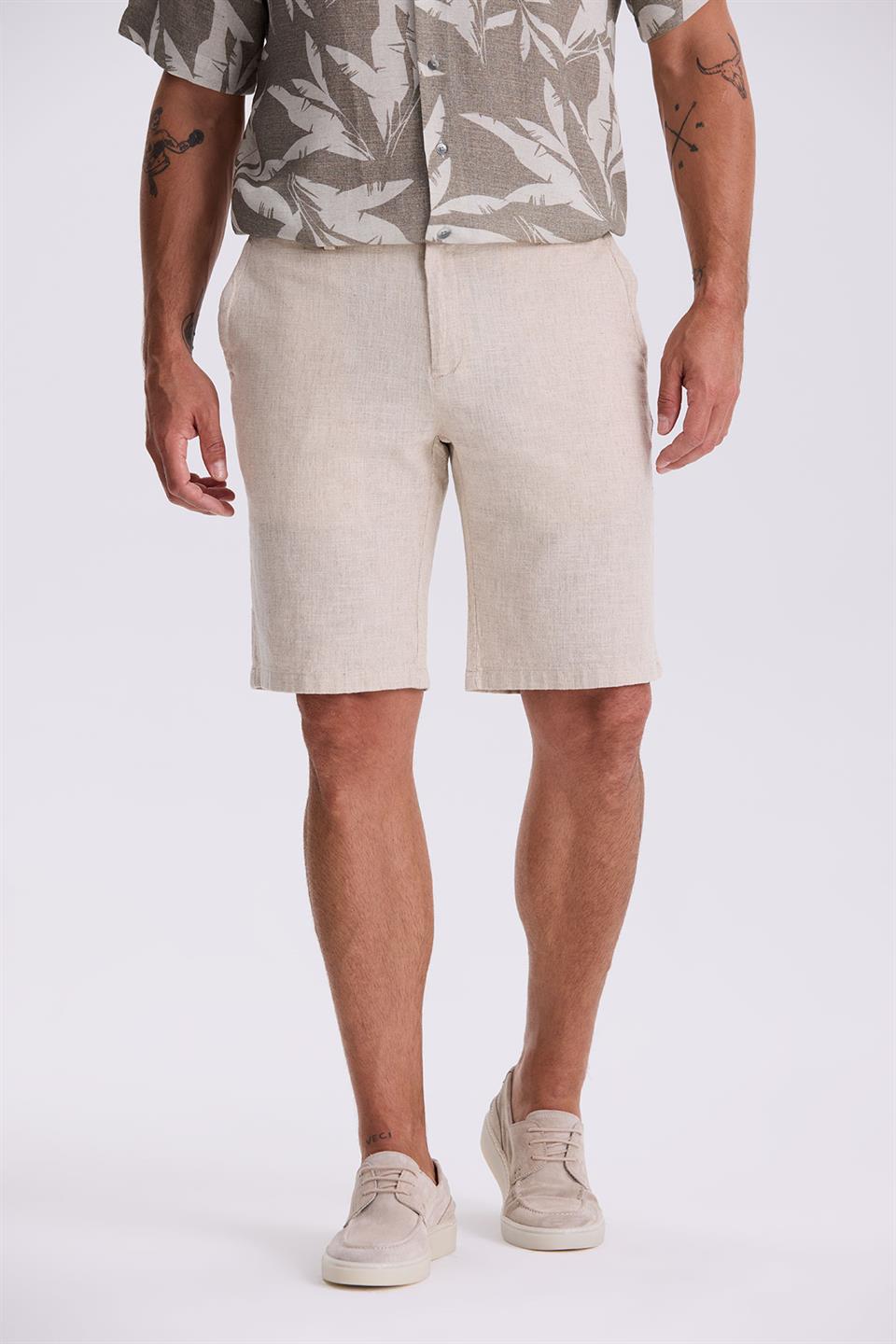 Beige Comfort Fit Cotton Comfy Cut Linen Woven Shorts