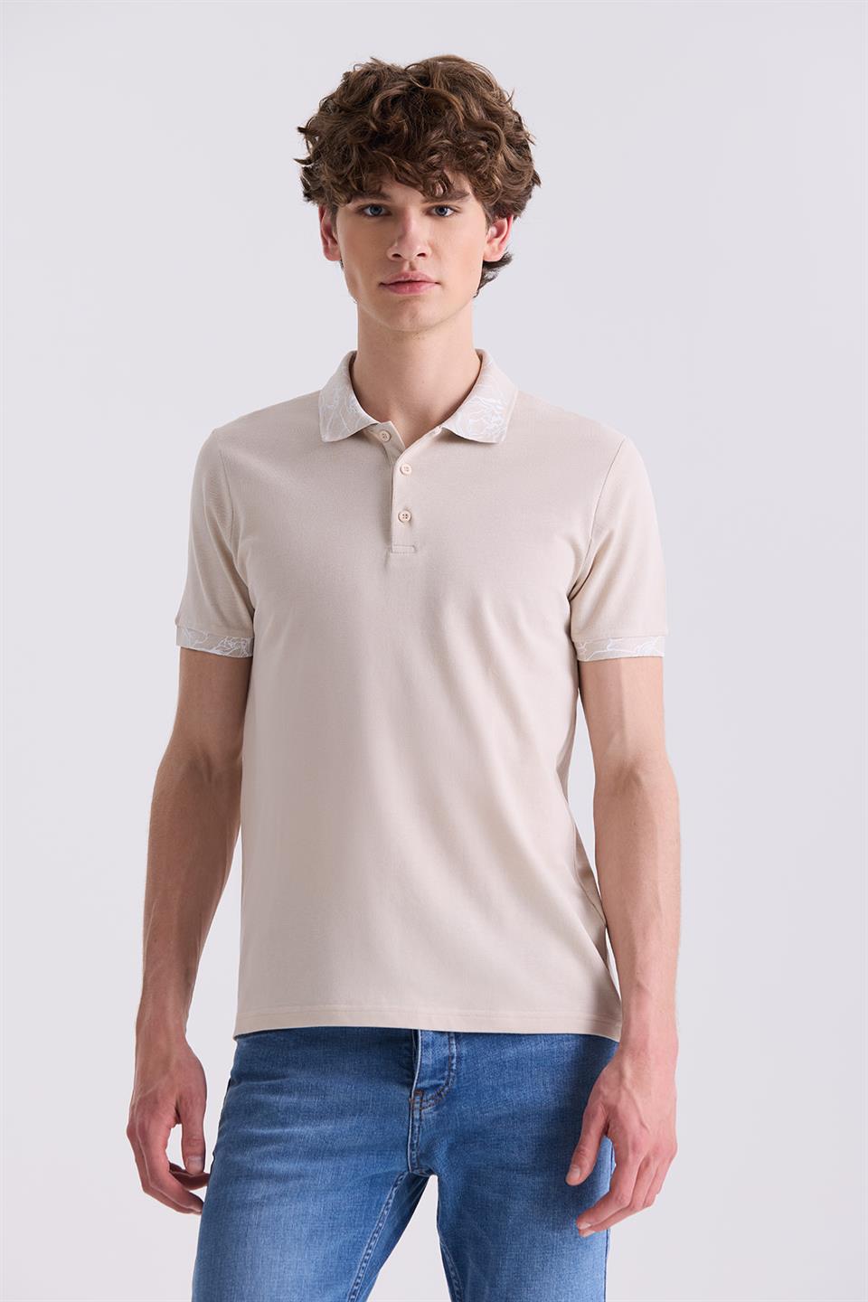 Beige Slim Fit Polo Collar T Shirt.