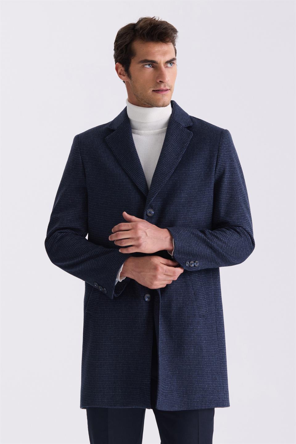 Navy Comfort Fit Single Collar With Patterned Brown Lace Jacket