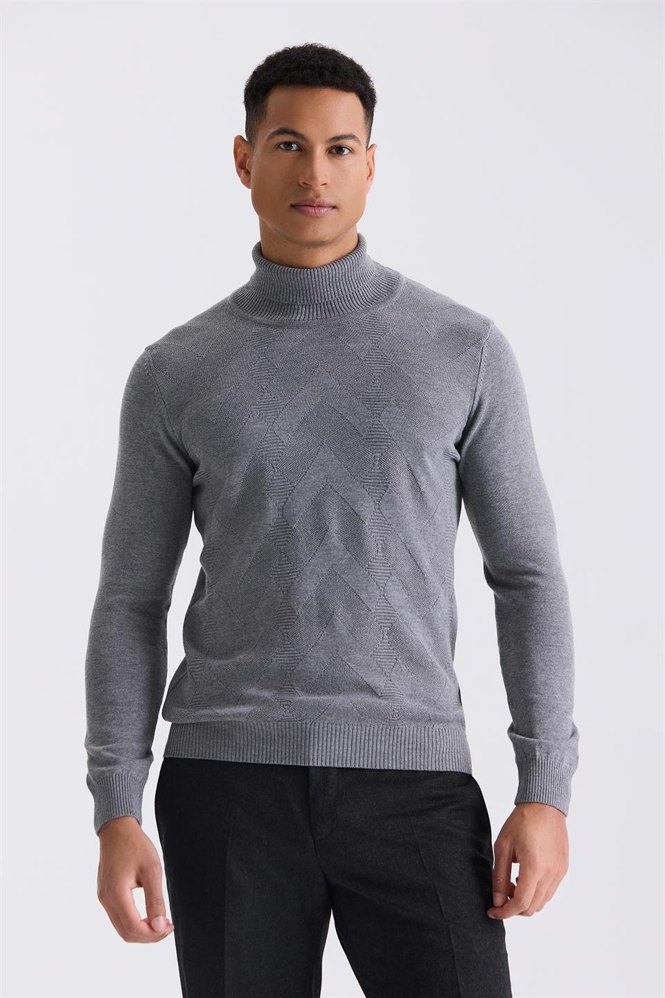 Grey Slim Fit Full Sailor Collar Knitted Sweater With Pattern
