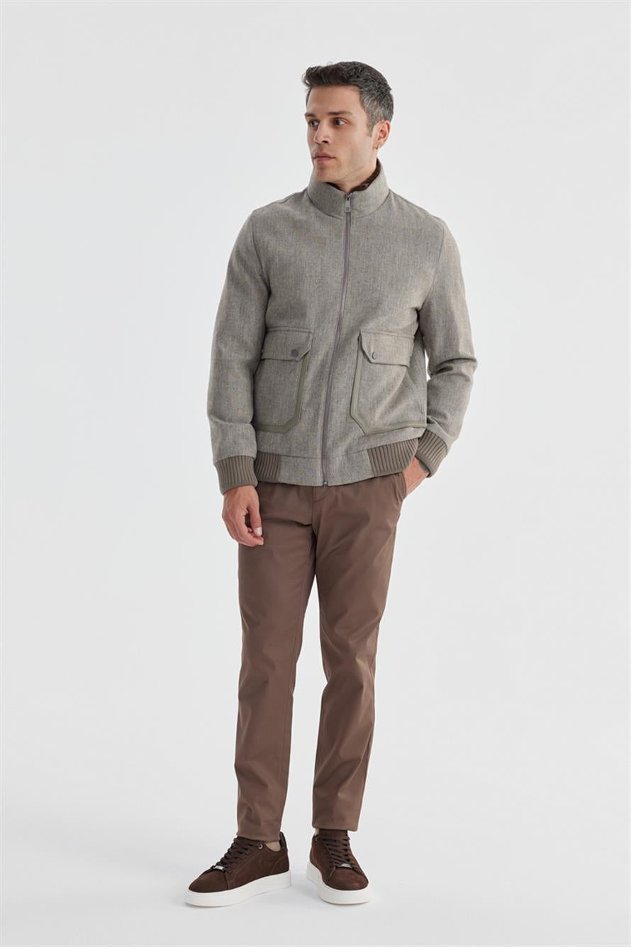 Coffee Comfort Fit Fleece Collar Woolly Jacket