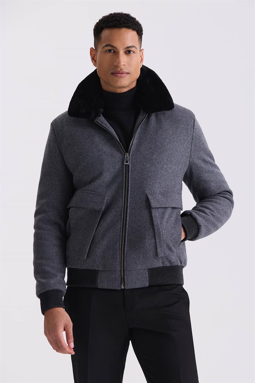 Grey Regular Fit Collar Furry Winter Bloated Jacket