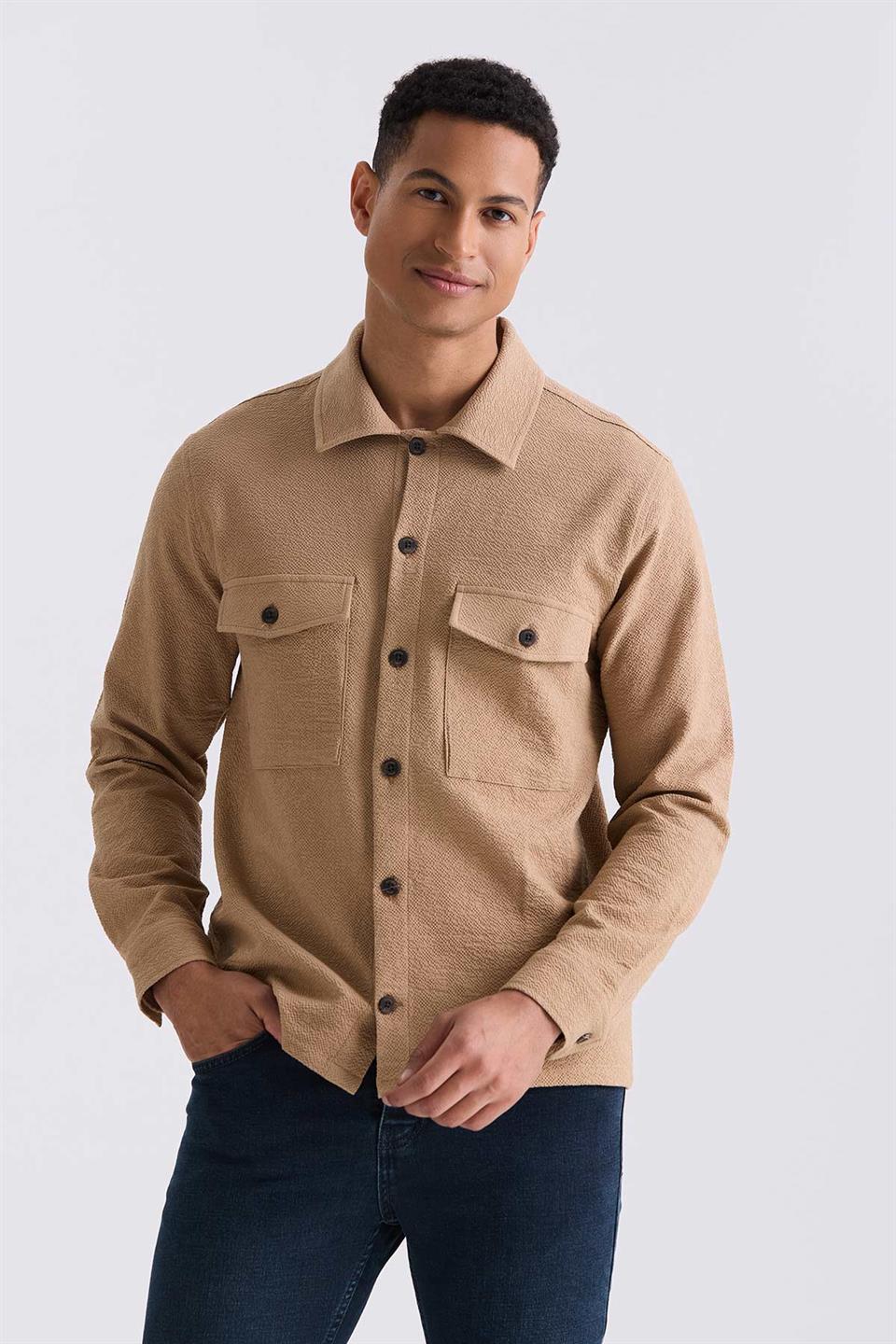Tan Slim Fit Sports Shirt With A Buttoned Collar And Pocket