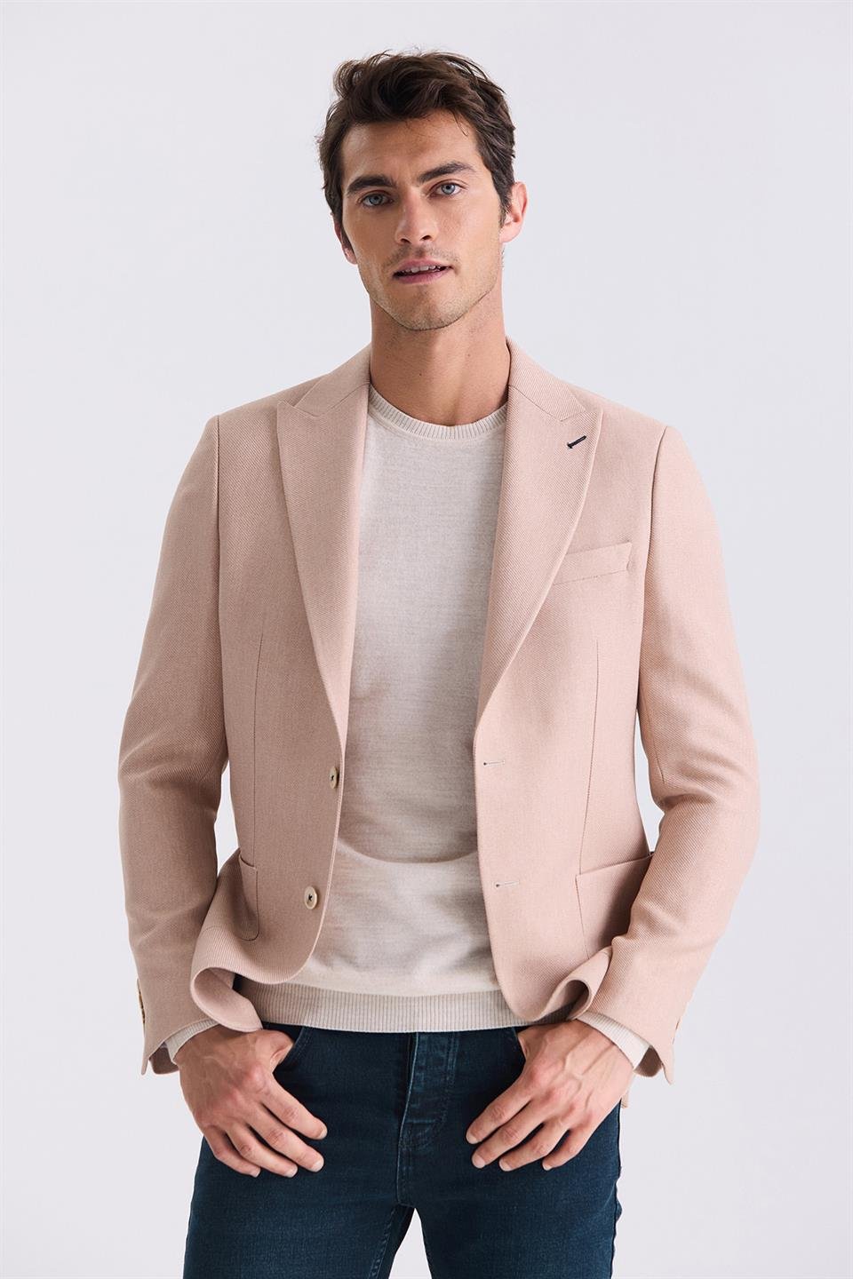 Beige Slim Fit Sharp Collar Sports Jacket