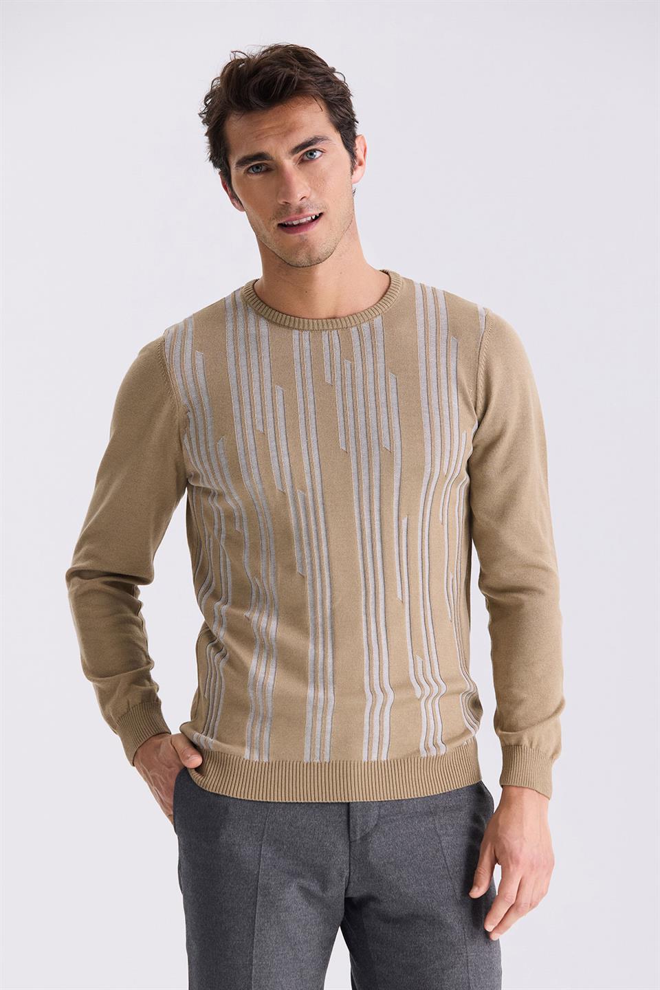 Beige Slim Fit Round Collar Knitted Sweater With Pattern
