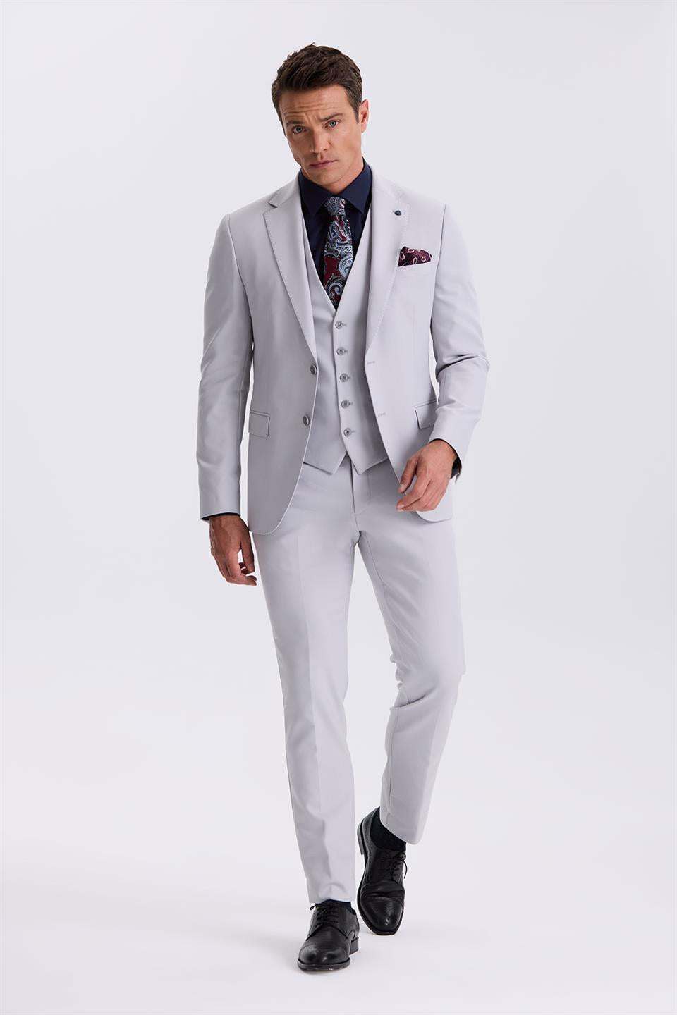 Grey Slim Fit Single Collar Dual Tear Jacket Suit With A Wide Collar