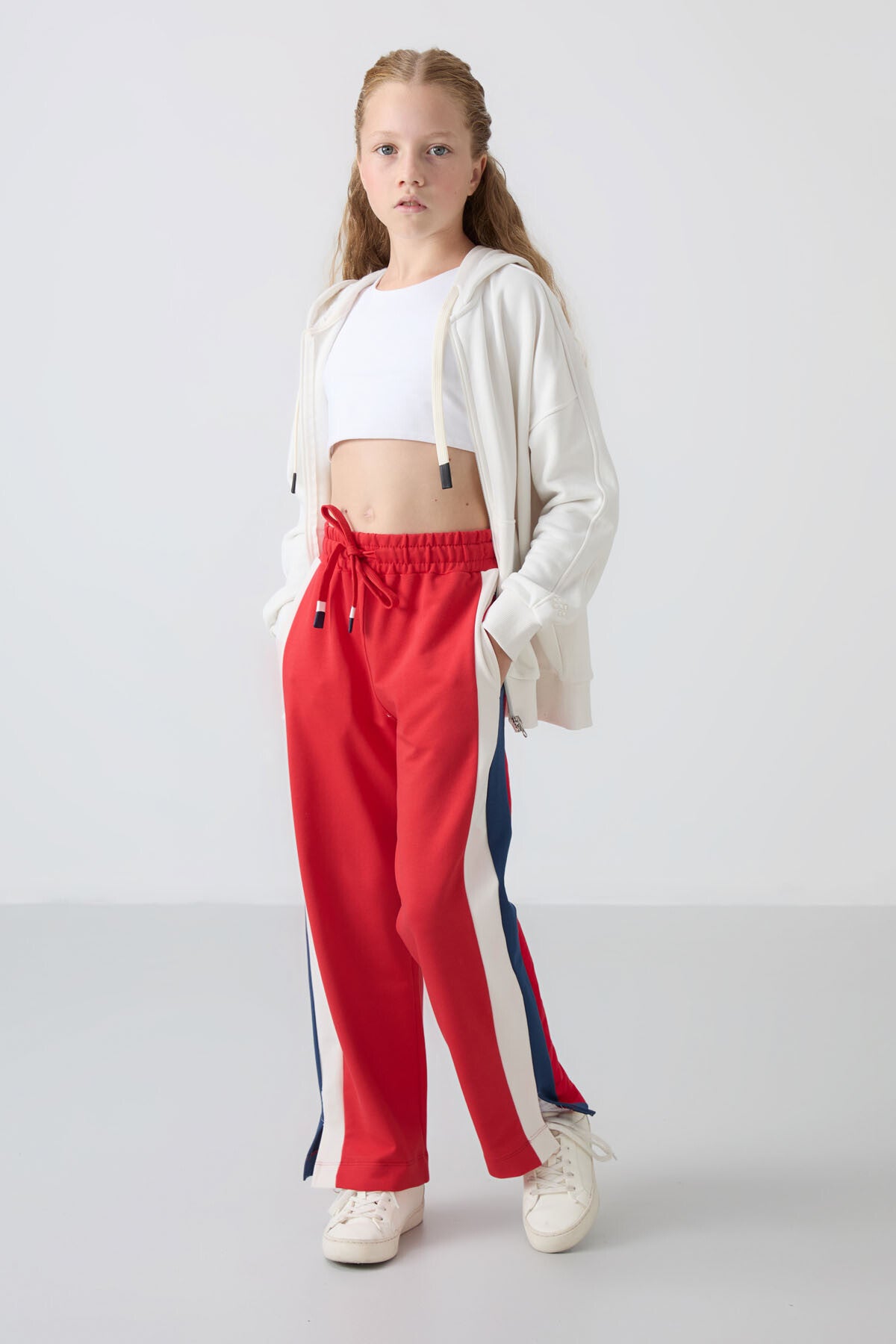 Open Red Slit Detailed Pocket Wide Leg Girls' Tracksuit Bottom - 75141