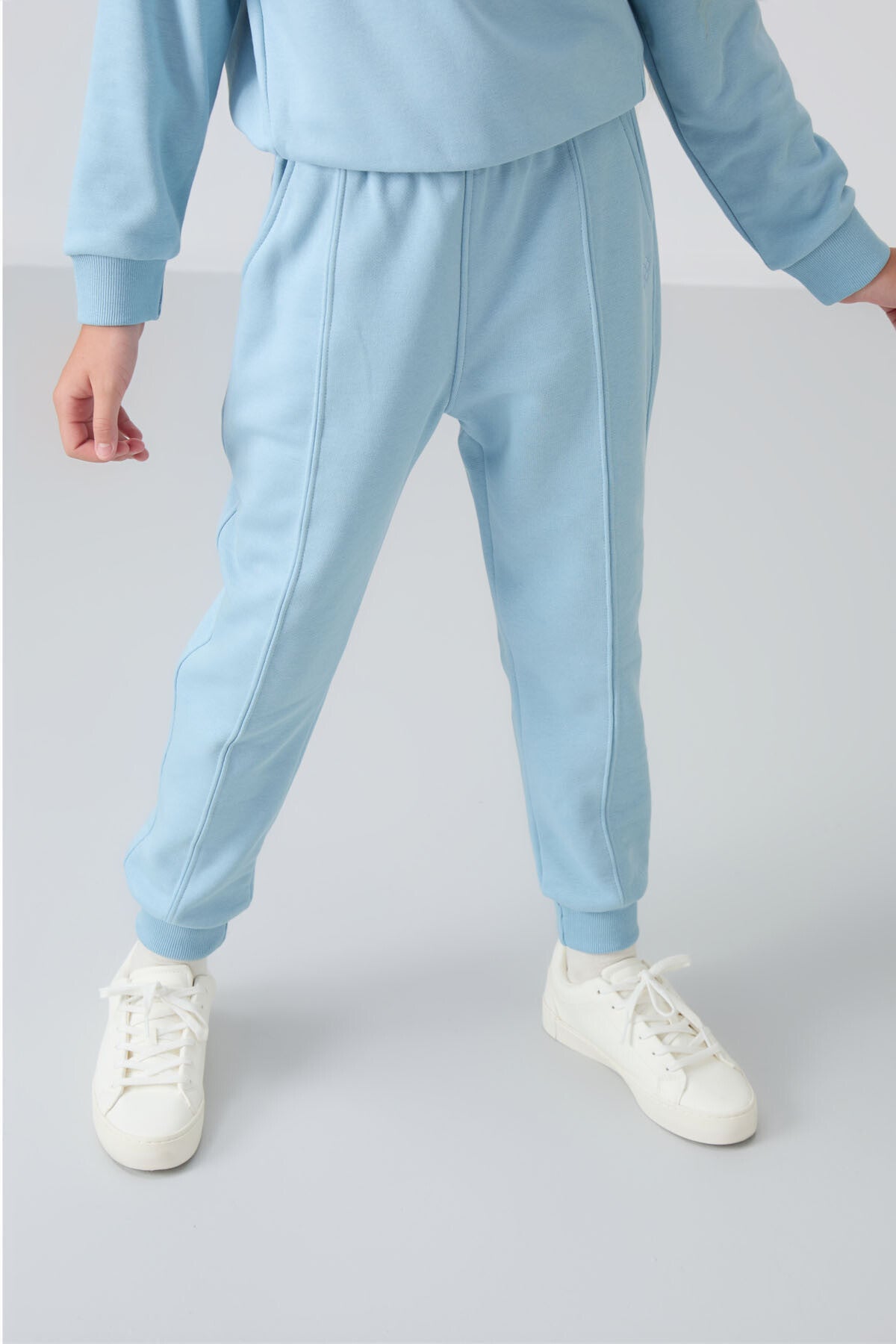 Light Blue Cotton Fleece-Lined Soft Textured Oversize Embroidered Girls' Tracksuit Set - 75145