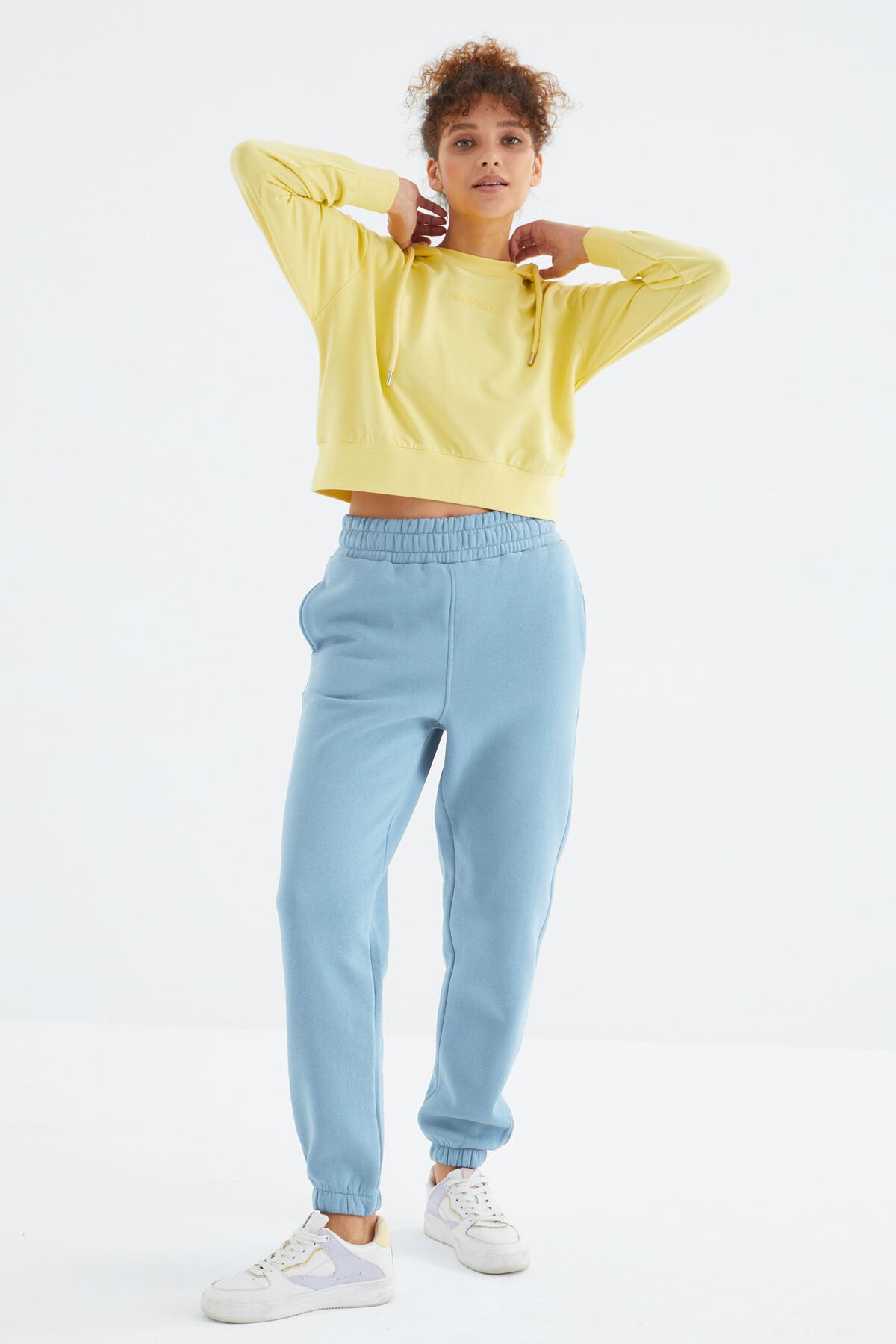Light Blue High Waist Brushed 3-Thread Cotton Basic Women's Tracksuit Bottom - 94624