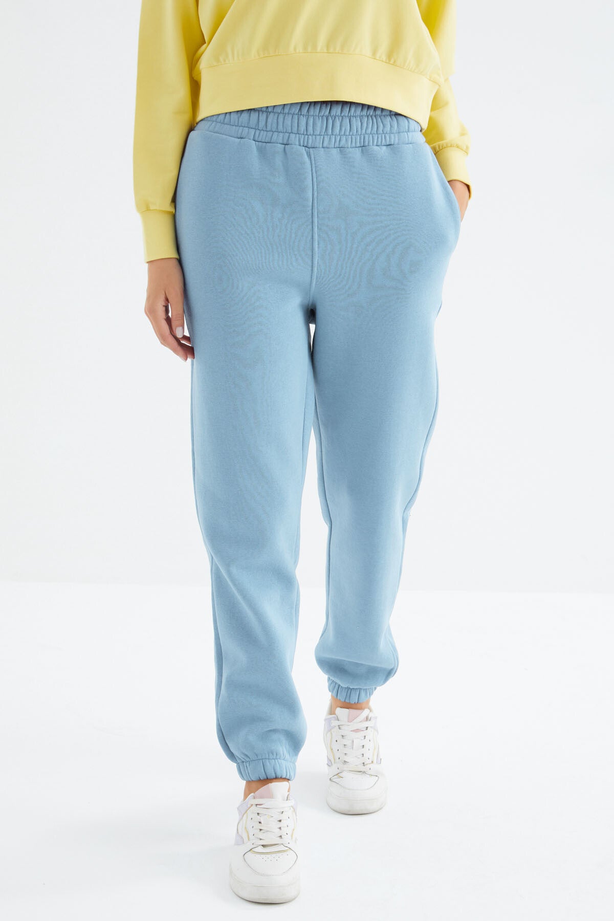 Light Blue High Waist Brushed 3-Thread Cotton Basic Women's Tracksuit Bottom - 94624