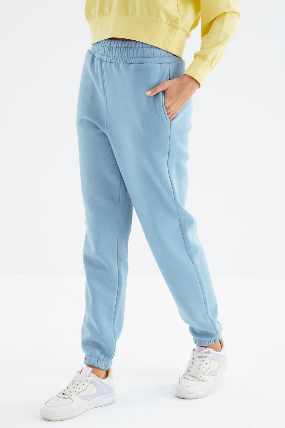 Light Blue High Waist Brushed 3-Thread Cotton Basic Women's Tracksuit Bottom - 94624
