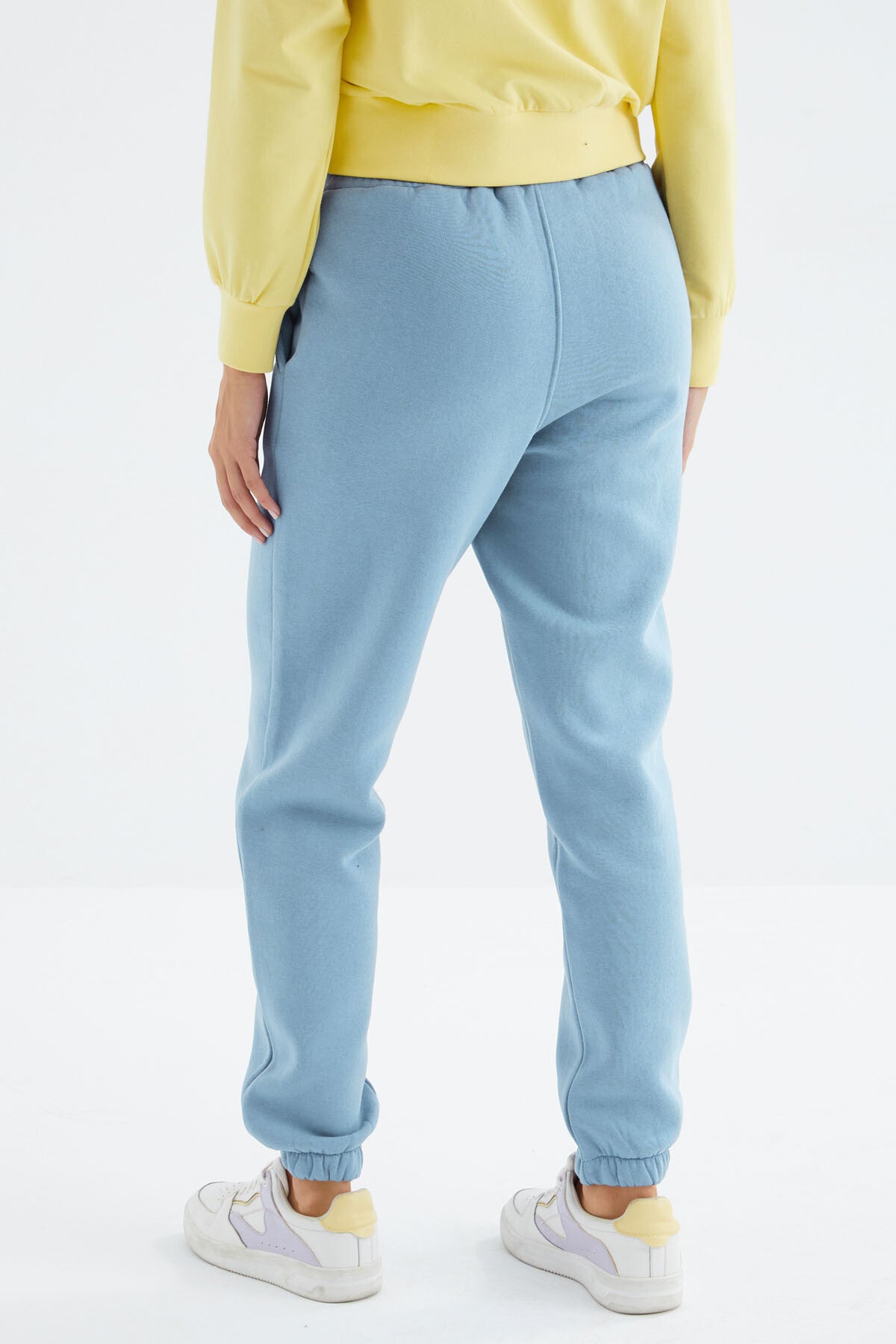 Light Blue High Waist Brushed 3-Thread Cotton Basic Women's Tracksuit Bottom - 94624