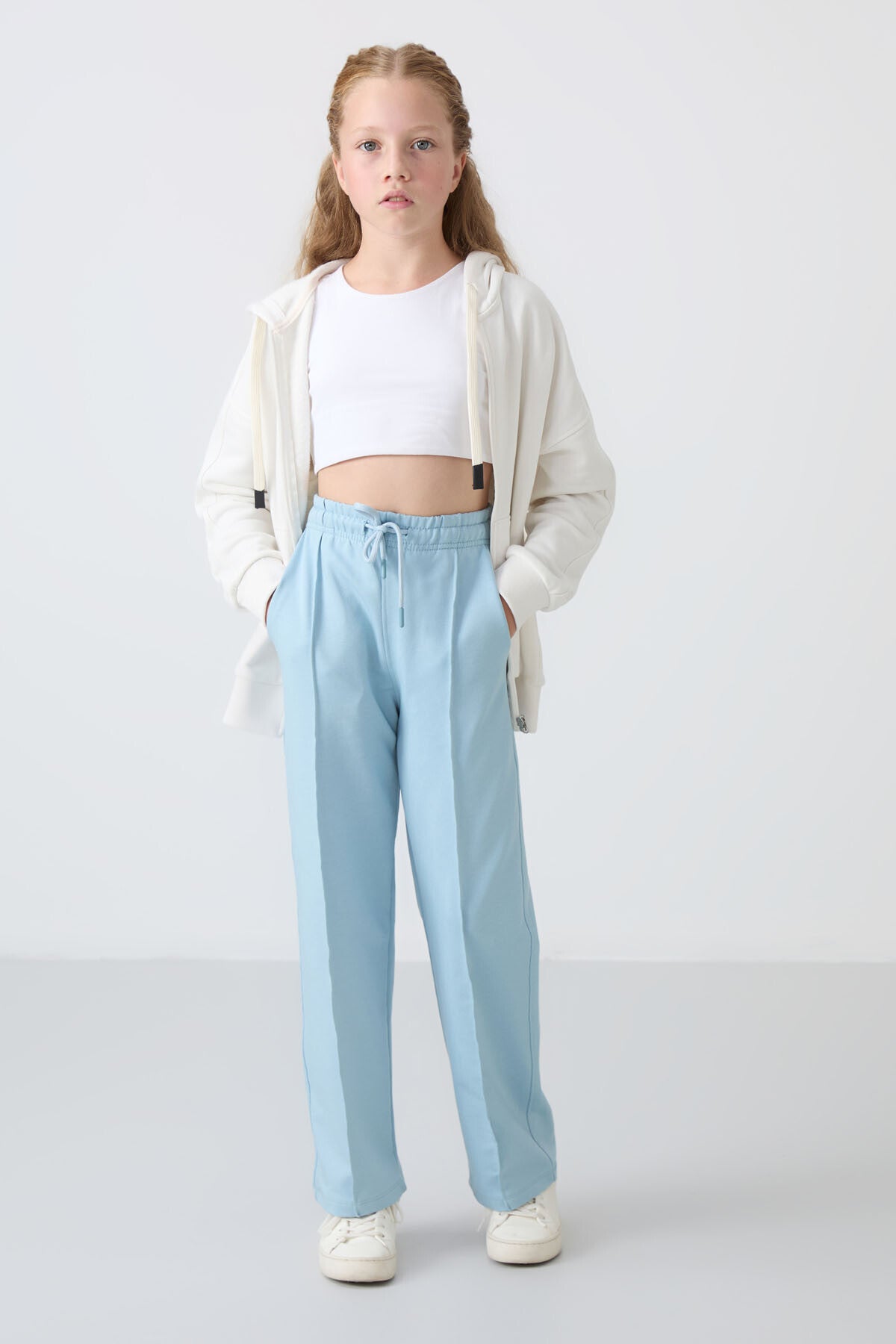 Light Blue Pocketed Front Seam Detailed Wide Leg Girls' Tracksuit Bottom -75144