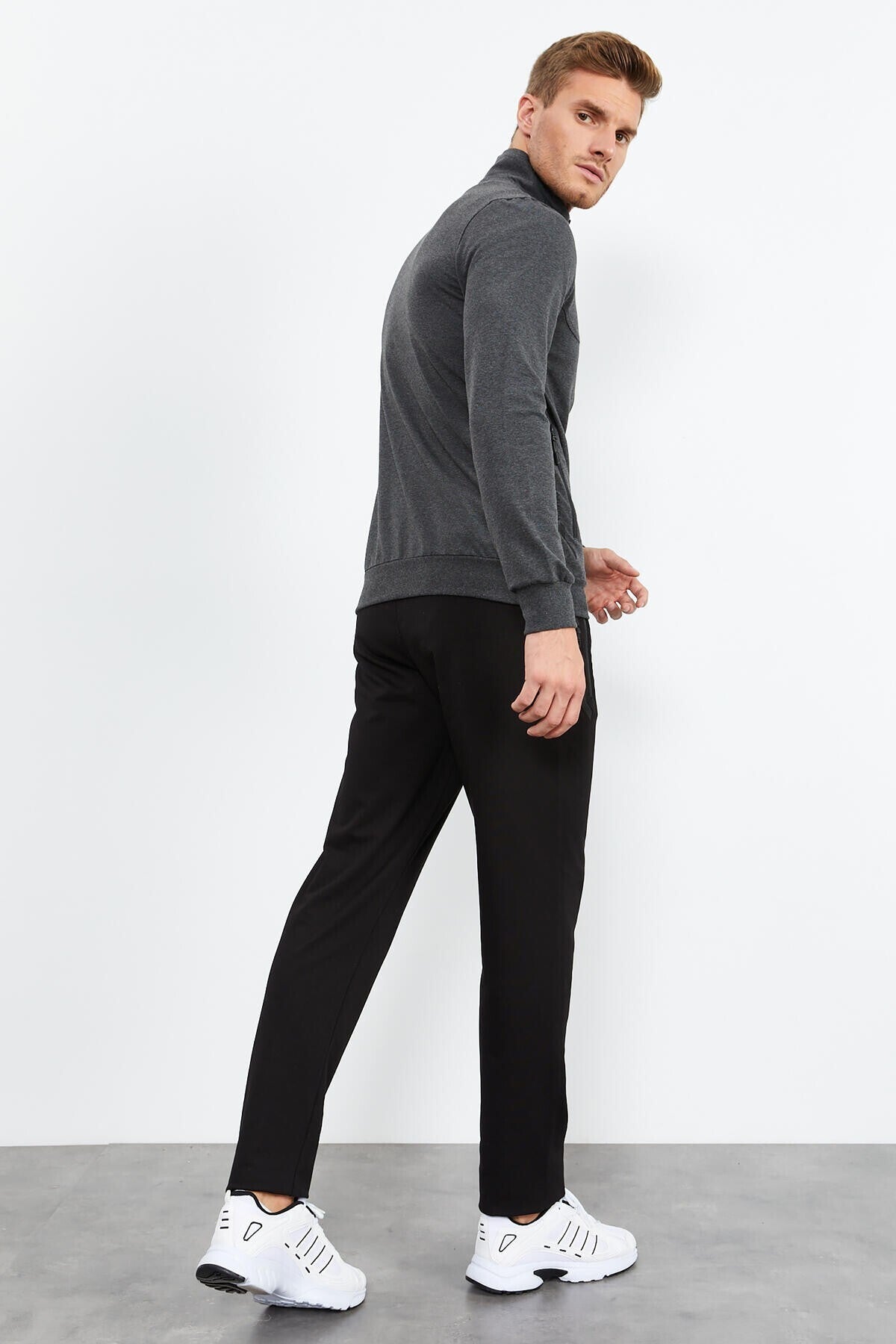 Anthracite Melange - Black High Collar Zippered Standard Fit Classic Cuff Men's Tracksuit Set - 85152