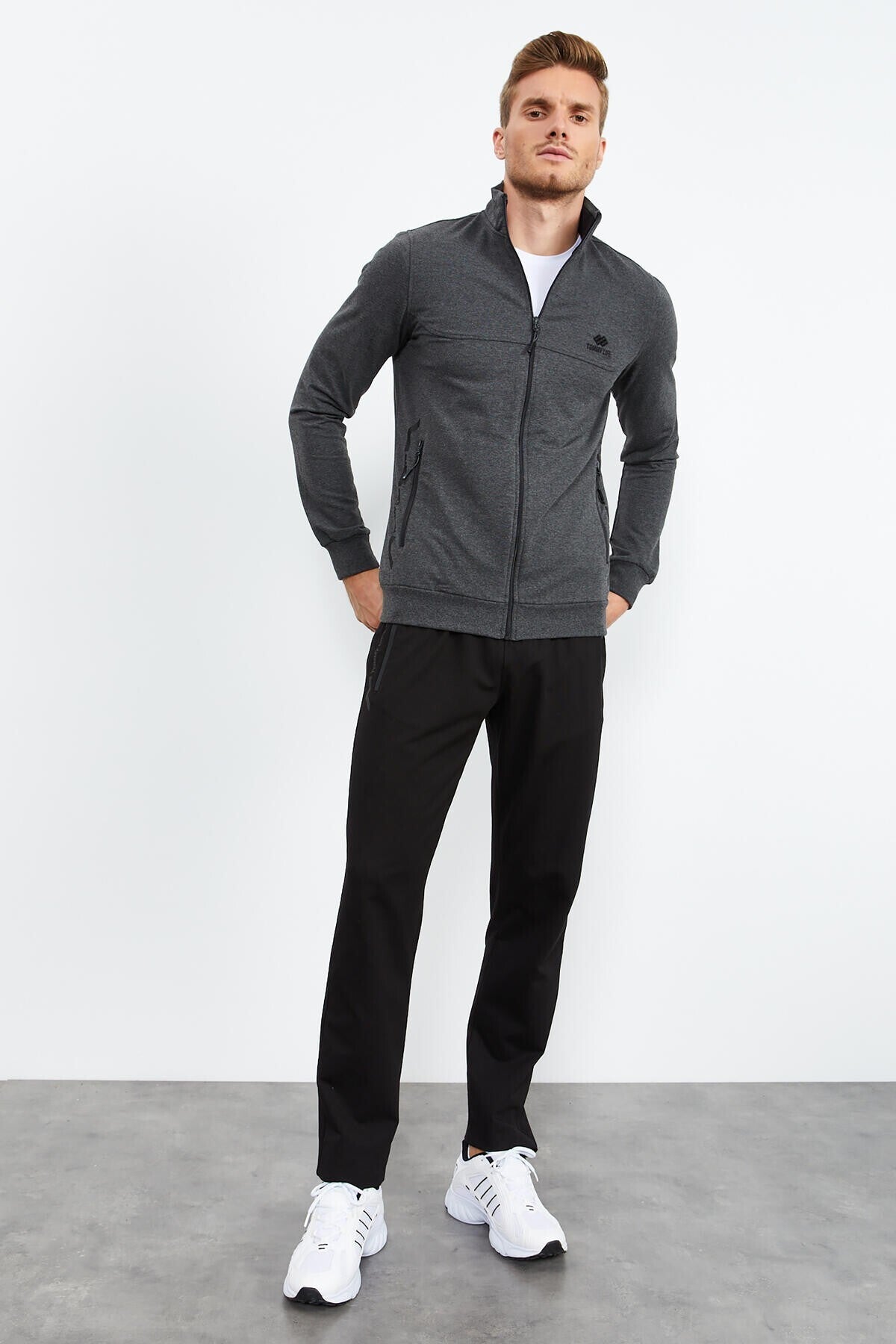 Anthracite Melange - Black High Collar Zippered Standard Fit Classic Cuff Men's Tracksuit Set - 85152