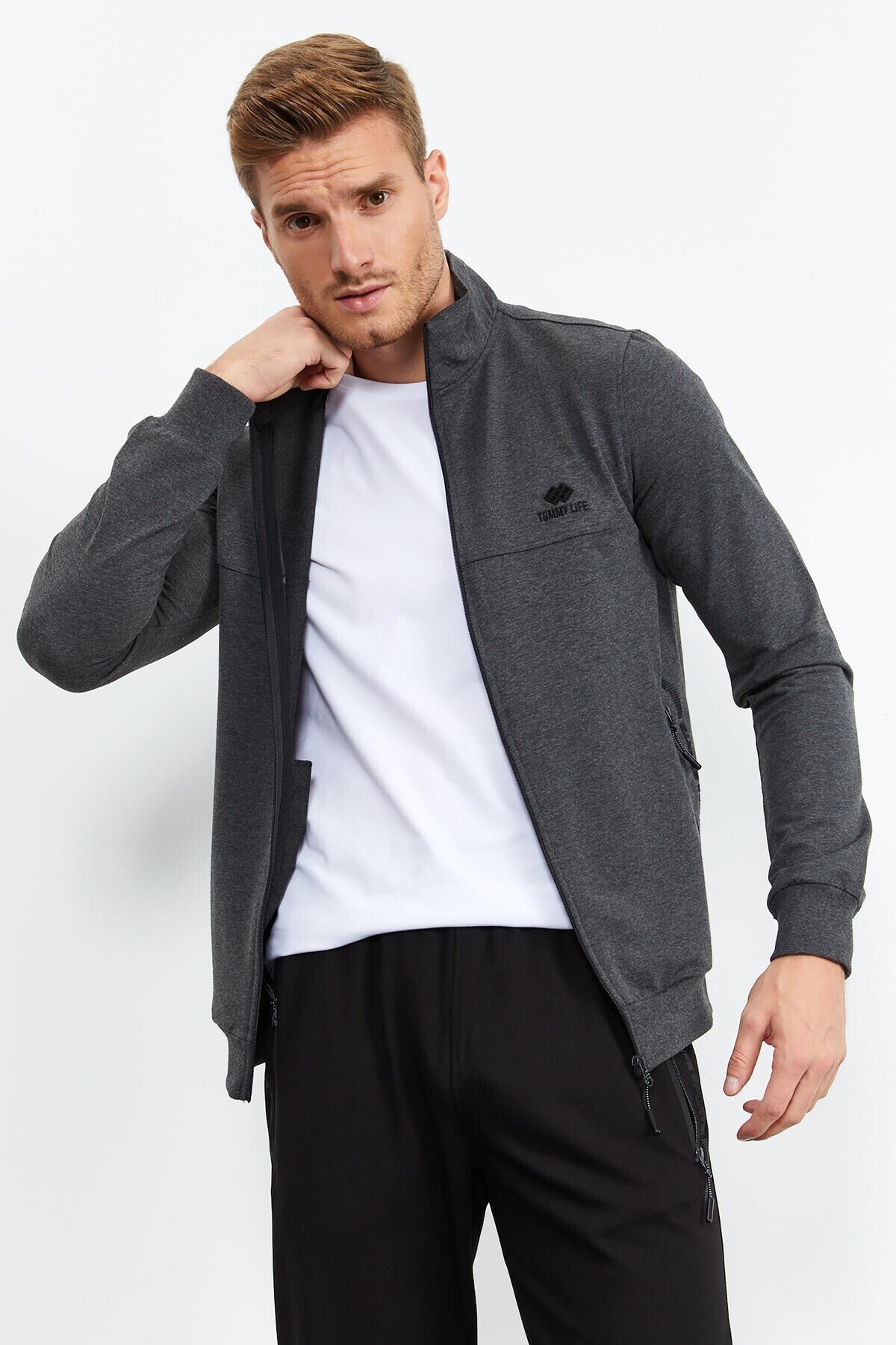 Anthracite Melange - Black High Collar Zippered Standard Fit Classic Cuff Men's Tracksuit Set - 85152