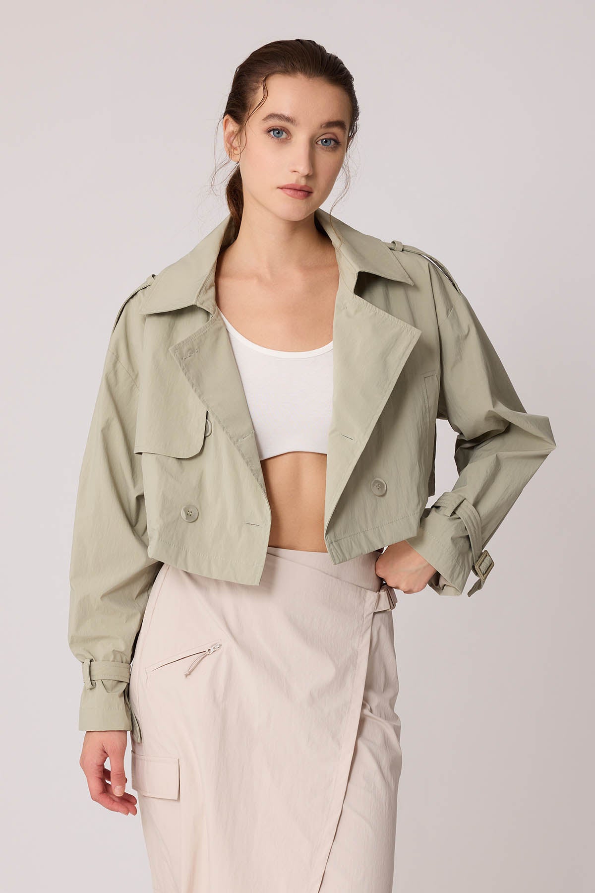 CROP TRENCH COAT WITH LINED FRONT BUTTON