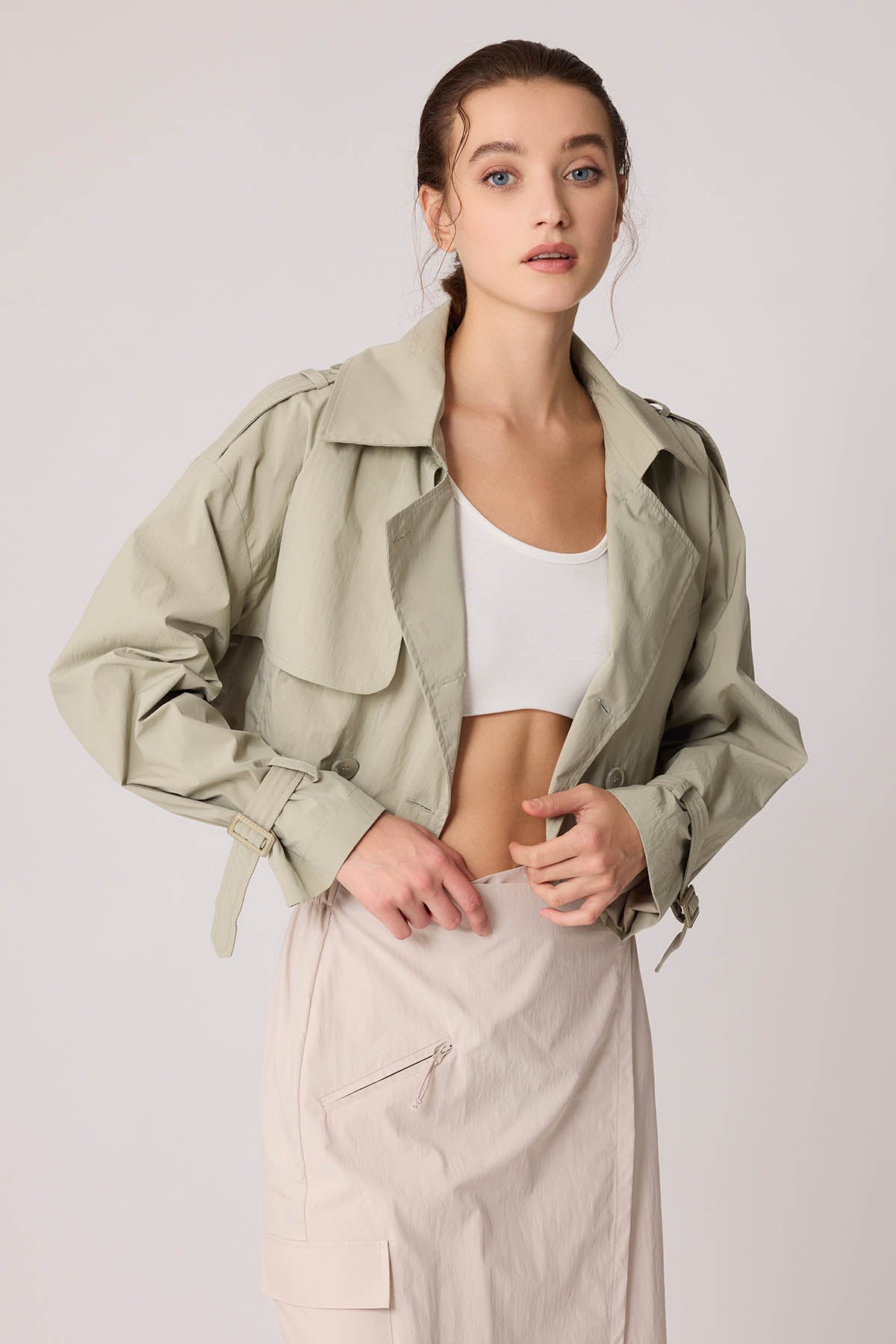 CROP TRENCH COAT WITH LINED FRONT BUTTON