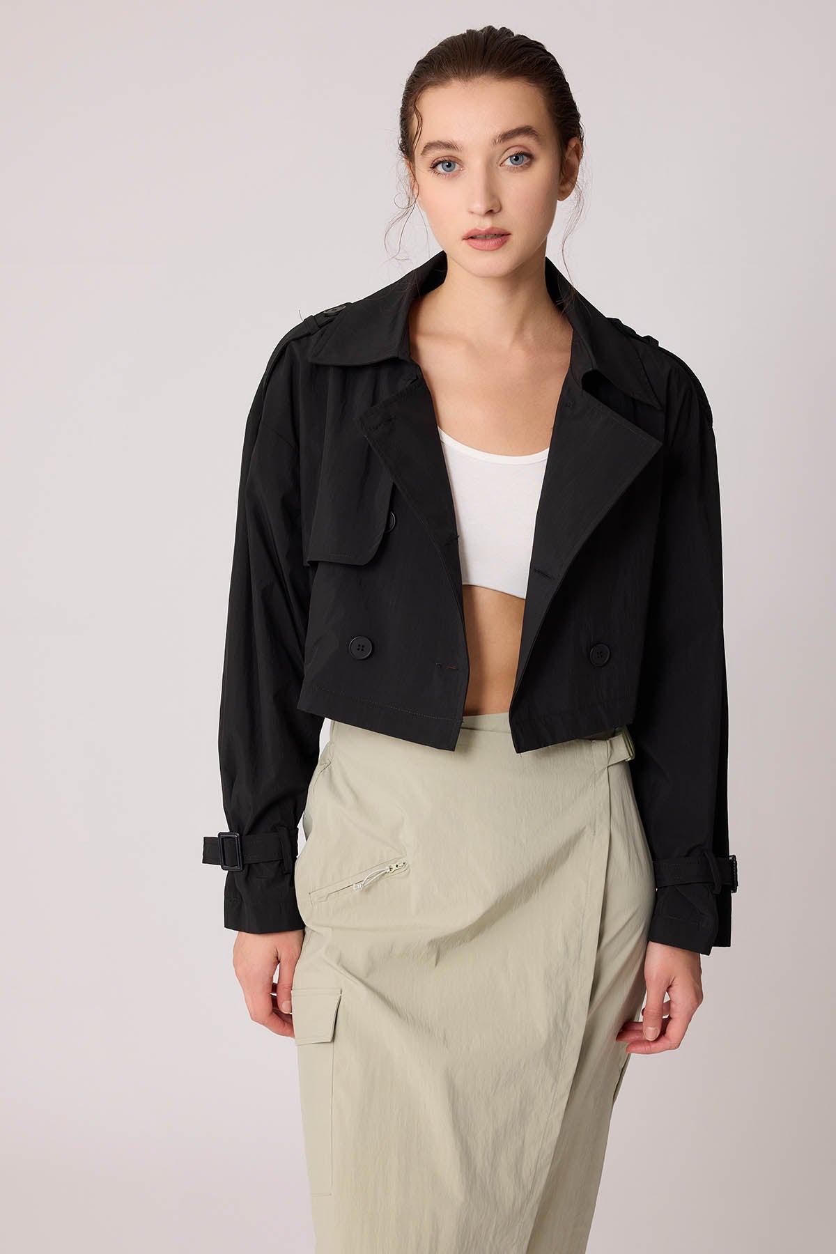 CROP TRENCH COAT WITH LINED FRONT BUTTON