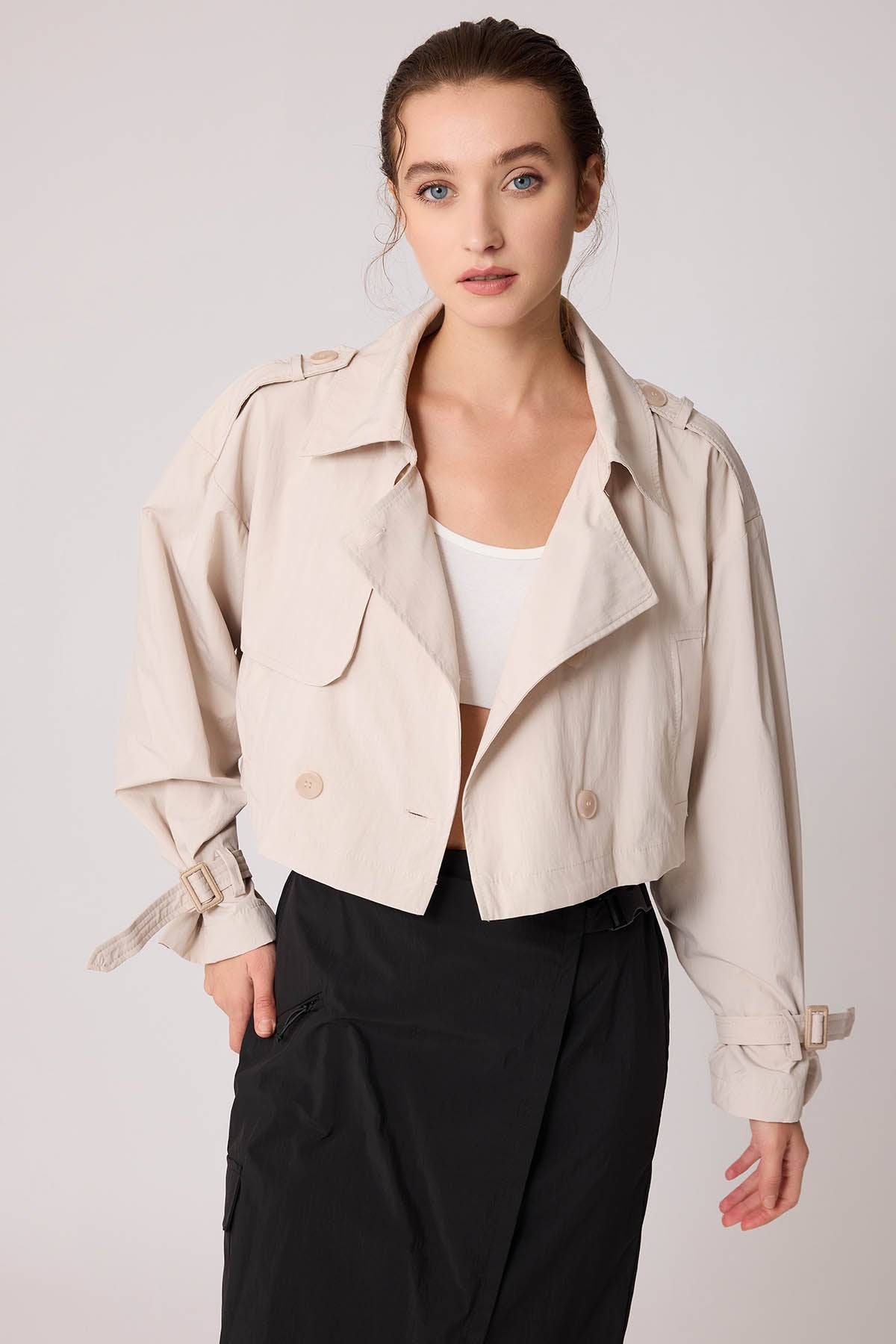 CROP TRENCH COAT WITH LINED FRONT BUTTON