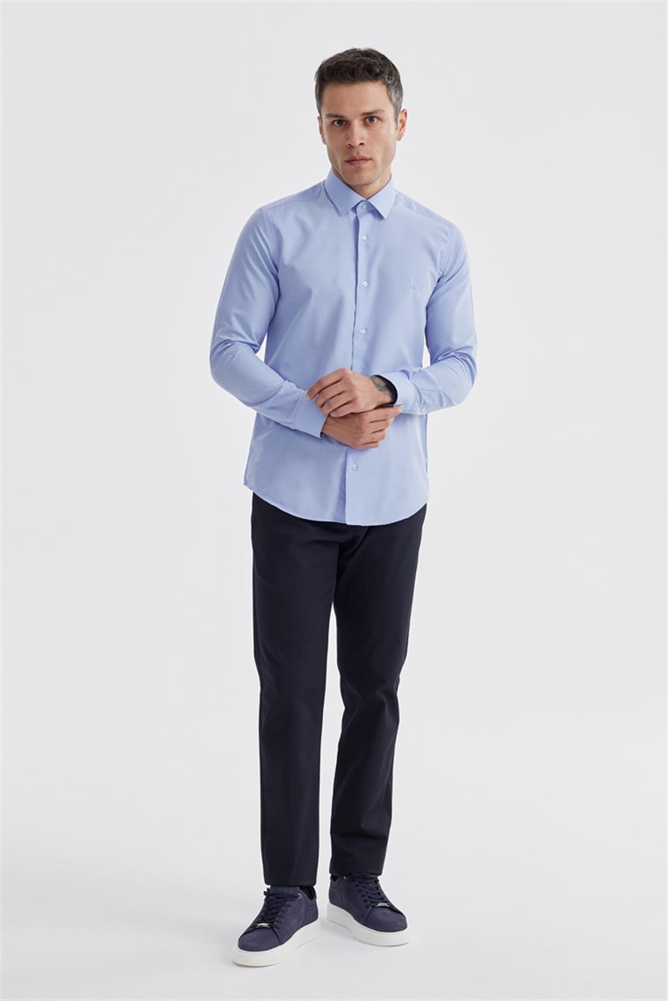 Blue Slim Fit Cotton Shirt With A Classic Tie