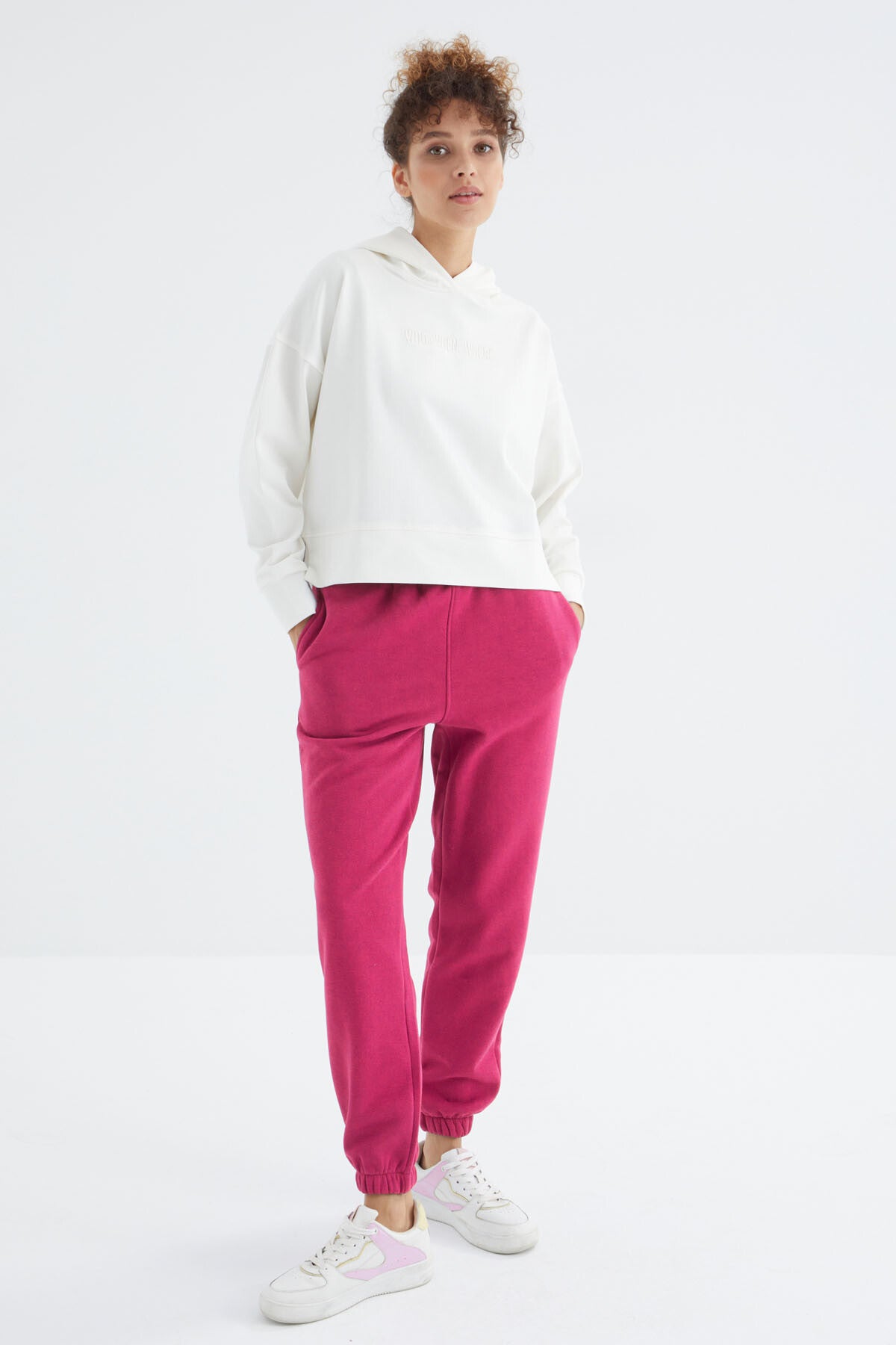 Fuchsia High Waist Brushed 3-Thread Cotton Basic Women's Tracksuit Bottom - 94624