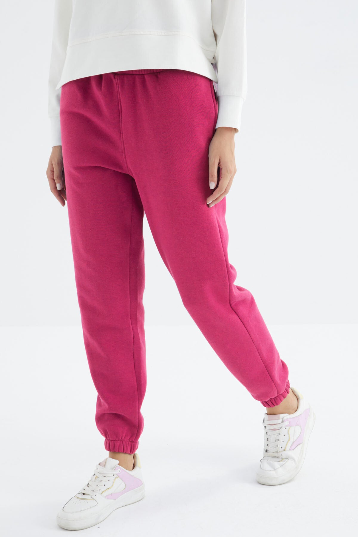 Fuchsia High Waist Brushed 3-Thread Cotton Basic Women's Tracksuit Bottom - 94624