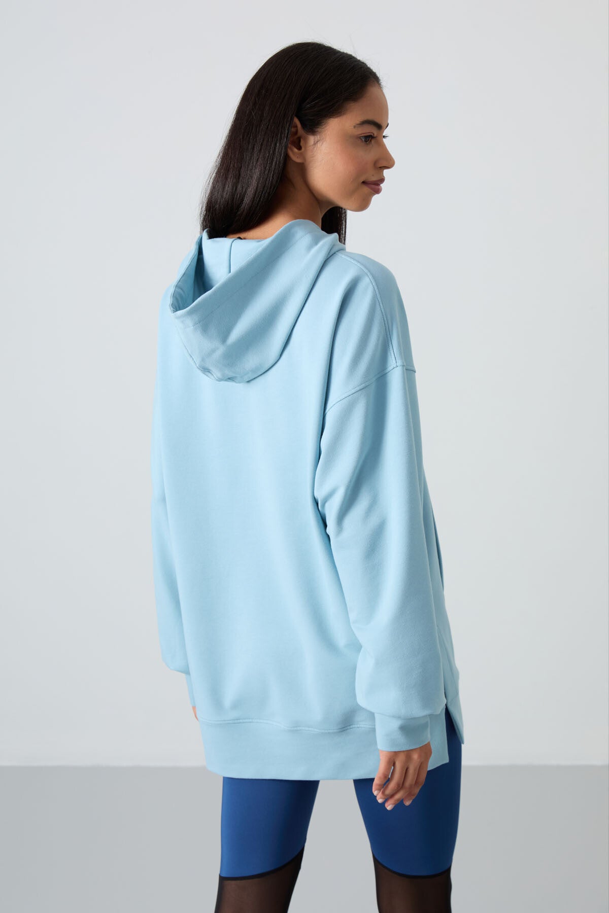 Light Blue Balloon Sleeve Embroidered Women's Oversize Tunic Sweatshirt - 97163