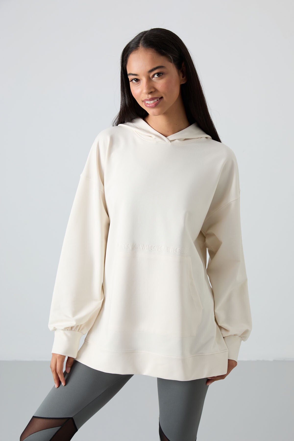 Ecru Balloon Collar Embroidered Women's Oversize Tunic Sweatshirt - 97163
