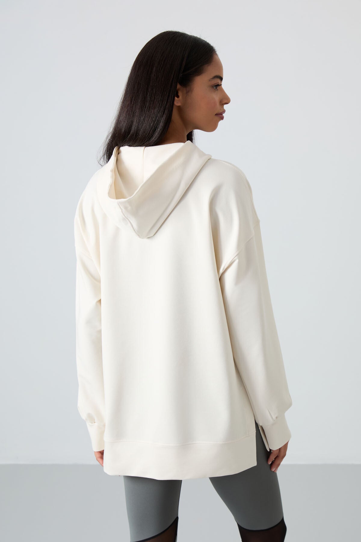 Ecru Balloon Collar Embroidered Women's Oversize Tunic Sweatshirt - 97163