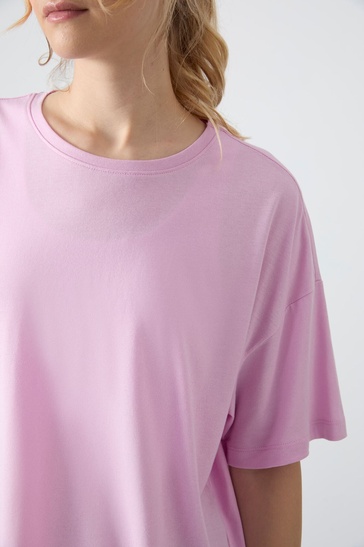 Pink Modal Knit Soft Touch Oversize Fit Basic Women's T-Shirt - 97285