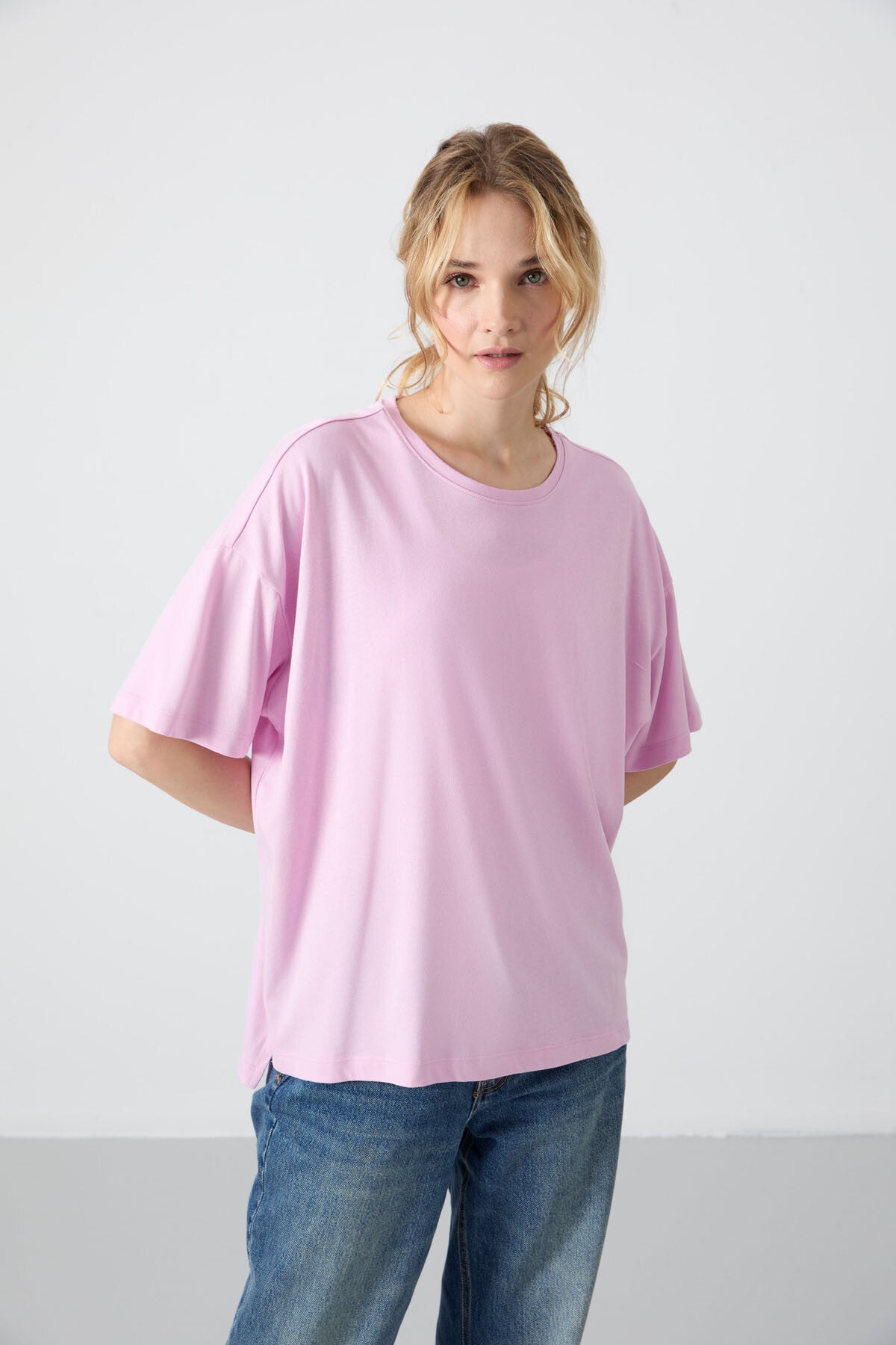 Pink Modal Knit Soft Touch Oversize Fit Basic Women's T-Shirt - 97285