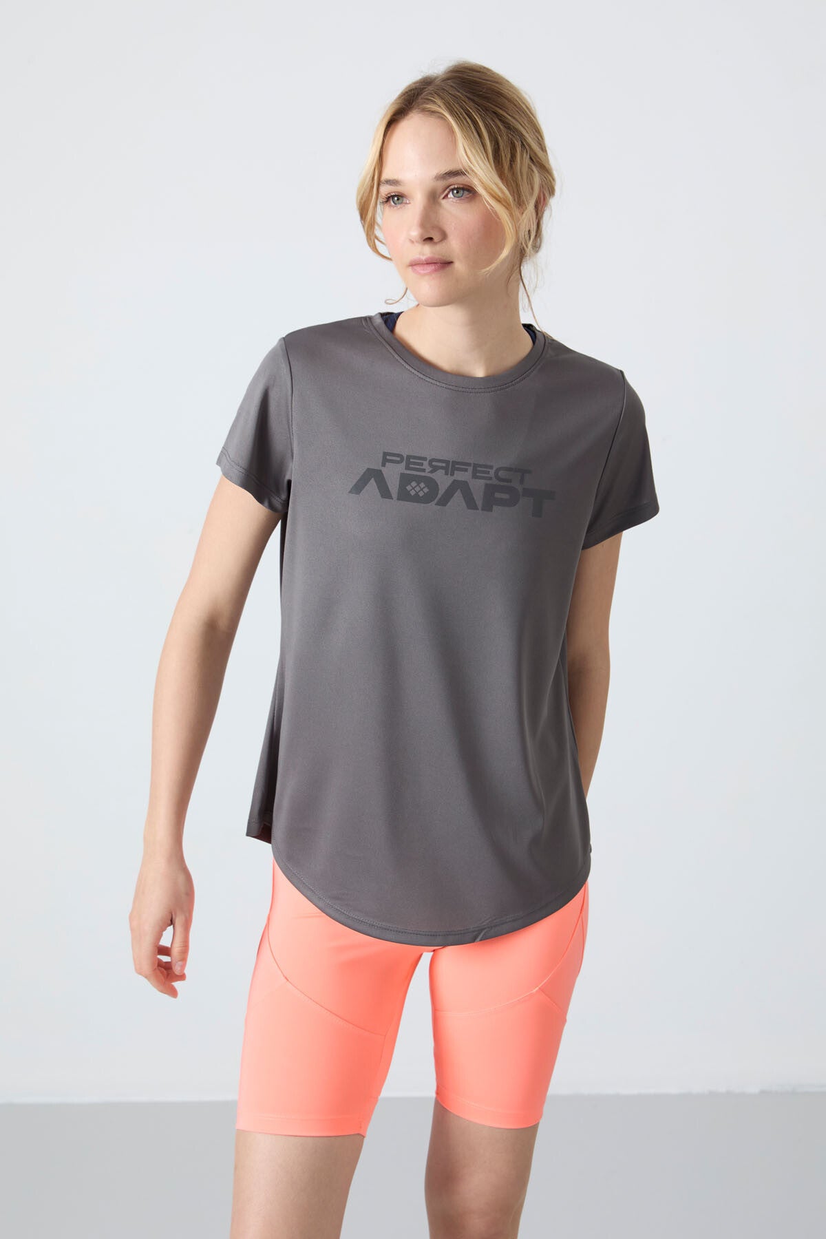 Dark Grey Polyester Breathable Textured Thin Flexible Standard Fit Performance Women's T-Shirt - 97283