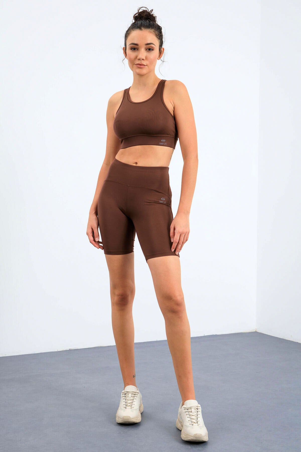 Brown High Waist Wrap-up Slim Fit Bustier Biker Women Tights Set - 95303