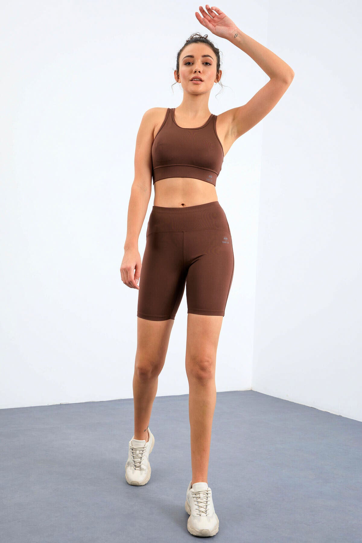 Brown High Waist Wrap-up Slim Fit Bustier Biker Women Tights Set - 95303