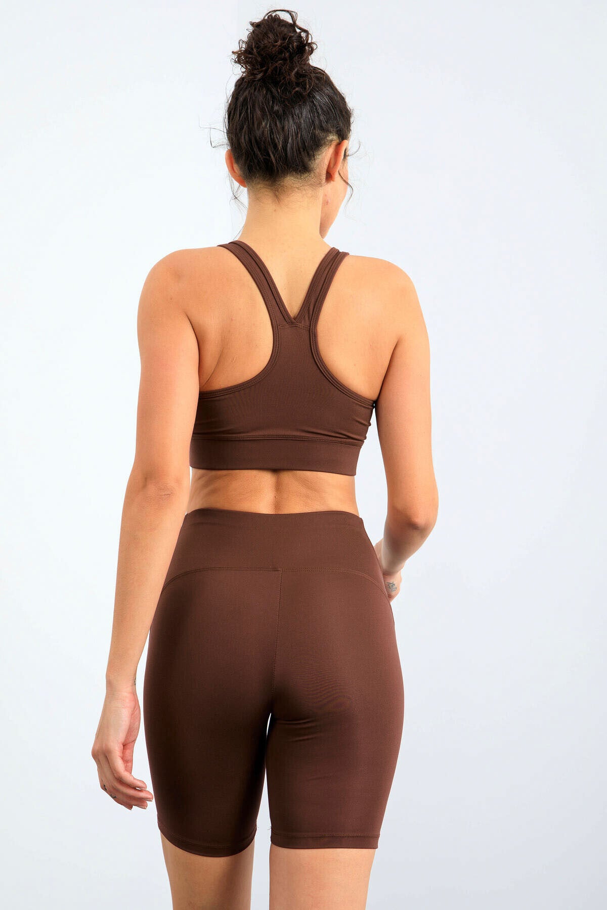 Brown High Waist Wrap-up Slim Fit Bustier Biker Women Tights Set - 95303