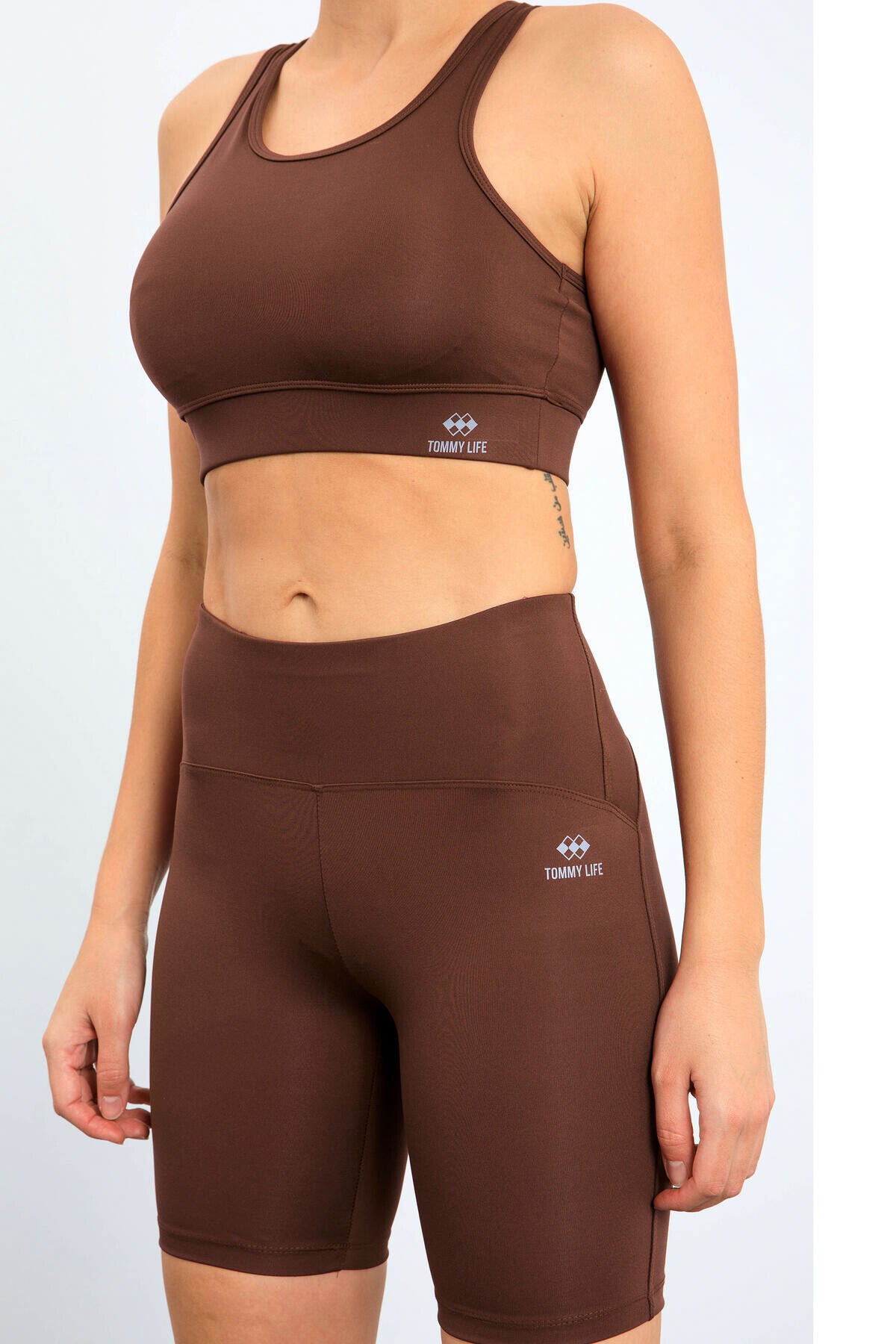Brown High Waist Wrap-up Slim Fit Bustier Biker Women Tights Set - 95303