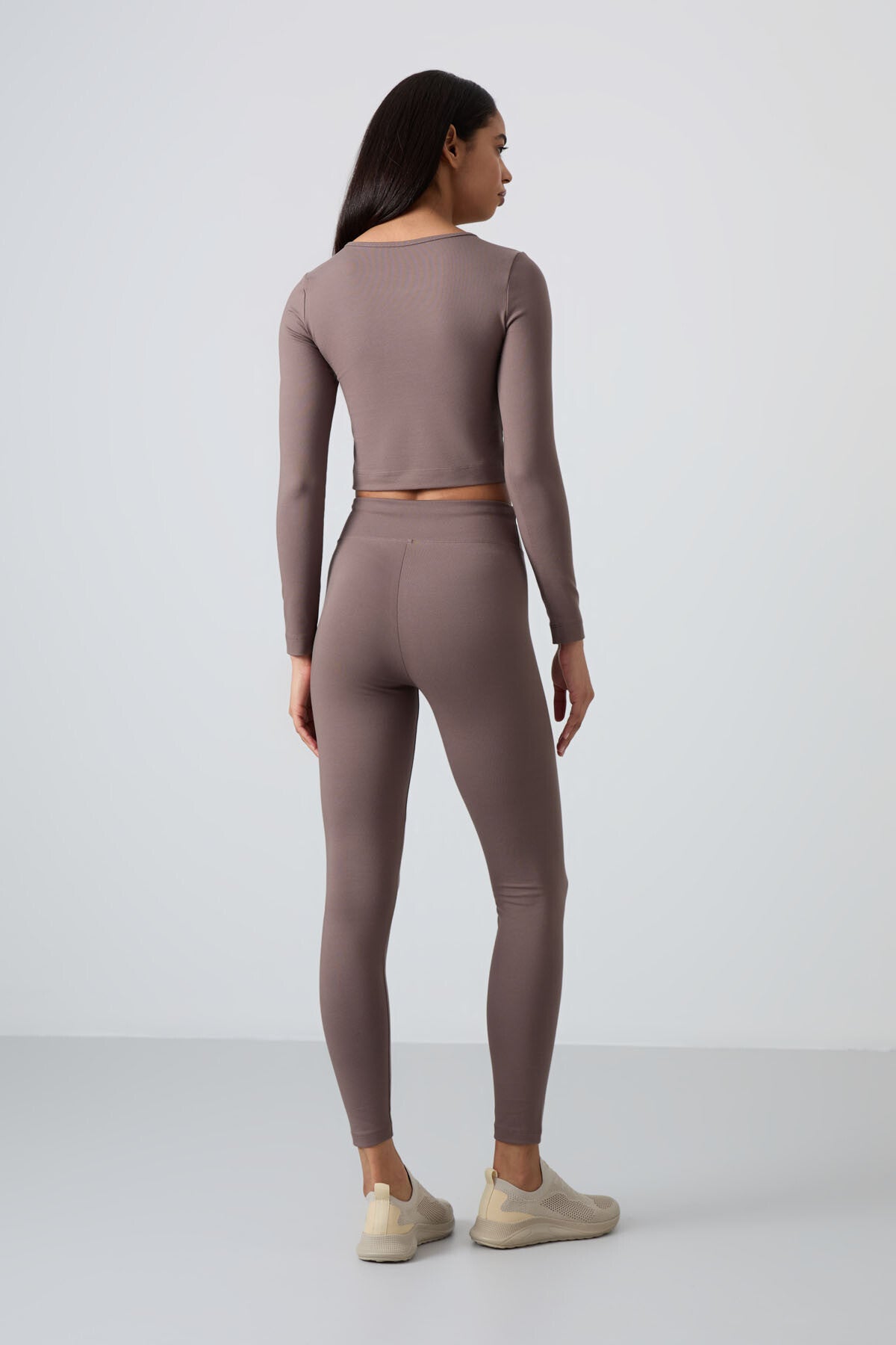 Khaki High Waist Long Sleeve Slim Fit Crop Top Women's Tights Set - 95286