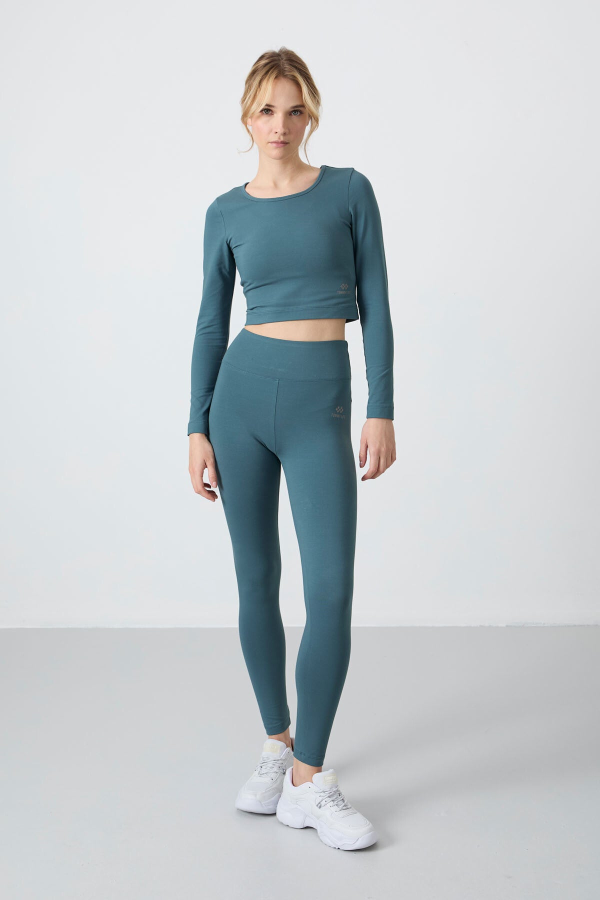 Forest Green High Waist Long Sleeve Slim Fit Crop Top Women's Tights Set - 95286