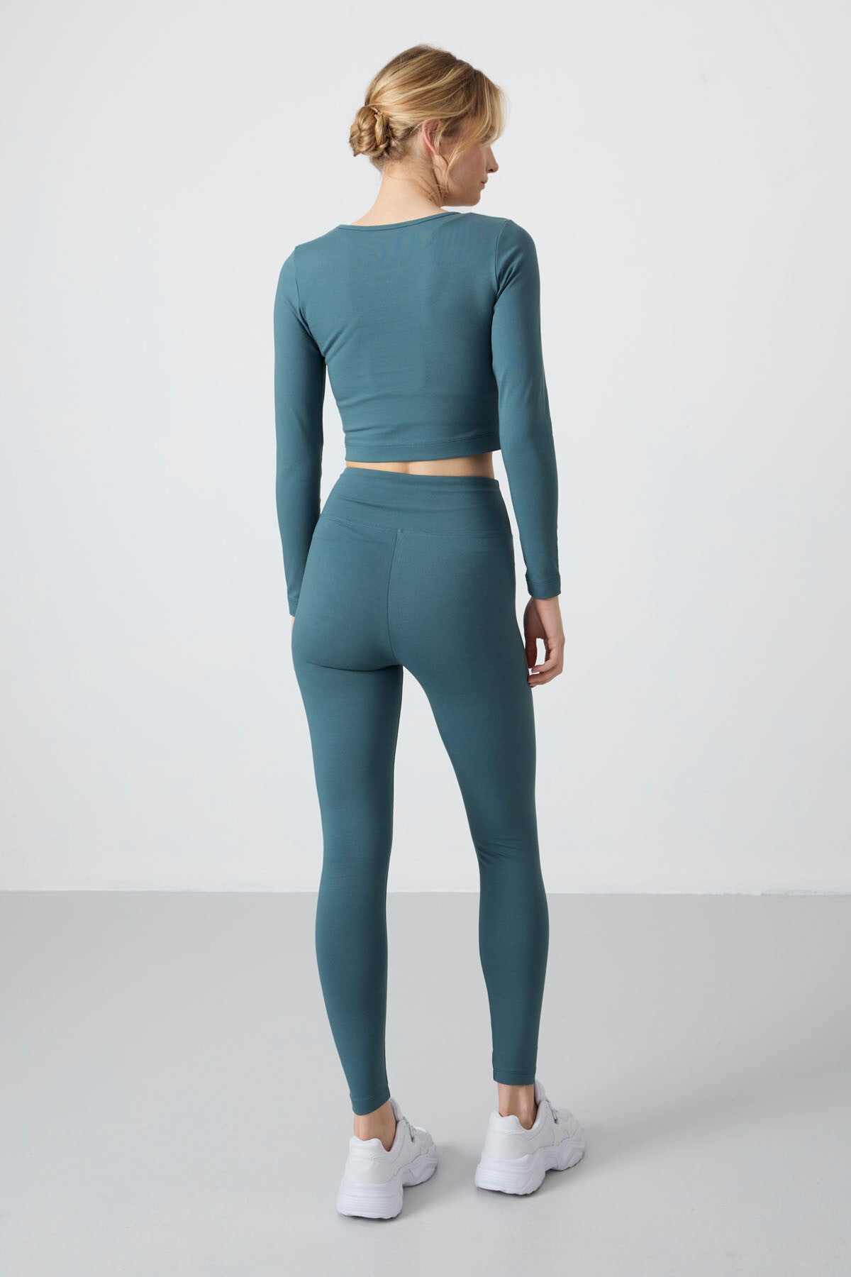 Forest Green High Waist Long Sleeve Slim Fit Crop Top Women's Tights Set - 95286