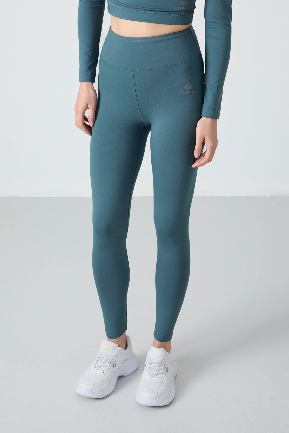 Forest Green High Waist Long Sleeve Slim Fit Crop Top Women's Tights Set - 95286