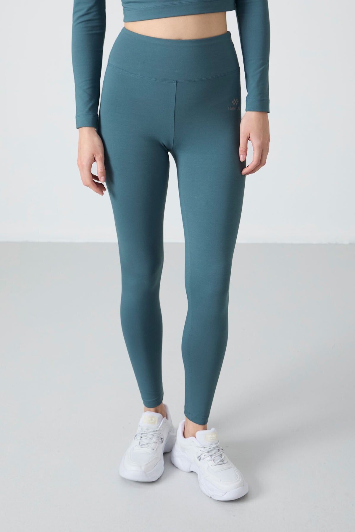Forest Green High Waist Long Sleeve Slim Fit Crop Top Women's Tights Set - 95286