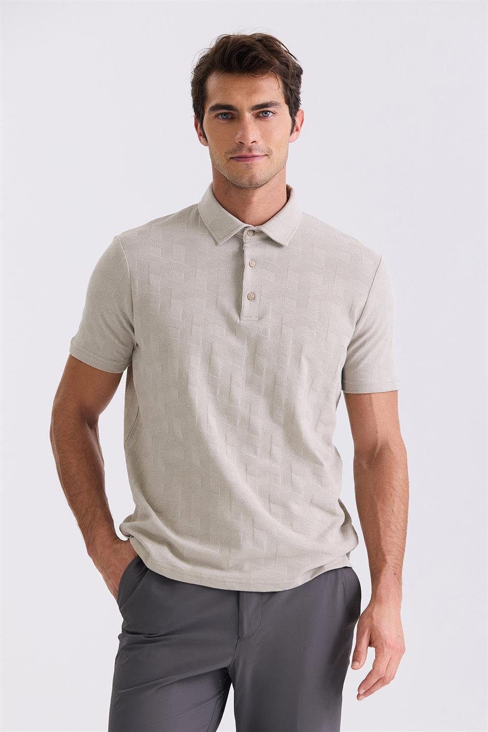 Polo Collar Beige Slim Fit Pattern