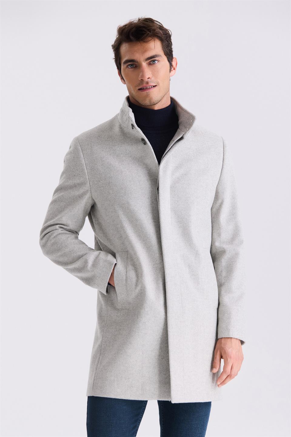 Gray Slim Fit Straight Collar Patterned Wool Sports Jacket