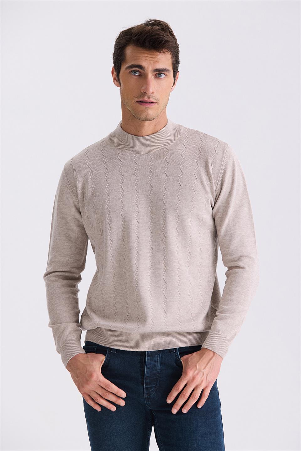 Beige Classic Fit Half Sailor Collar Knitted Sweater With Pattern