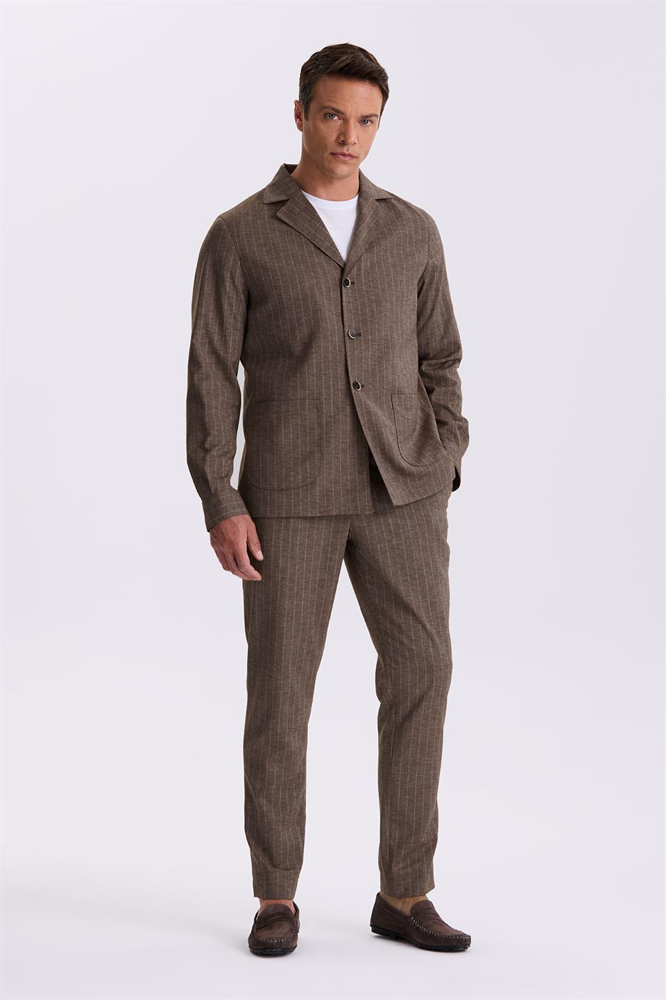 Coffee Slim Fit Cutaway Collar Linen Mixed Double Breasted Striped Suit