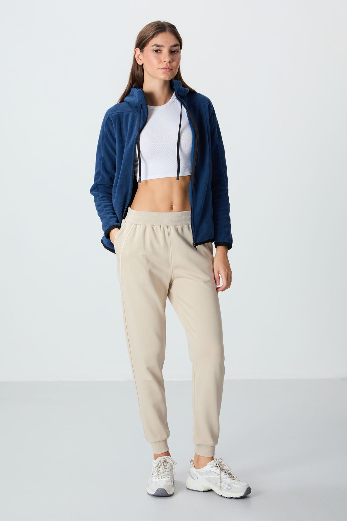 Compact Beige Cotton Thick Smooth Textured Standard Fit Women's Tracksuit Bottom - 94660