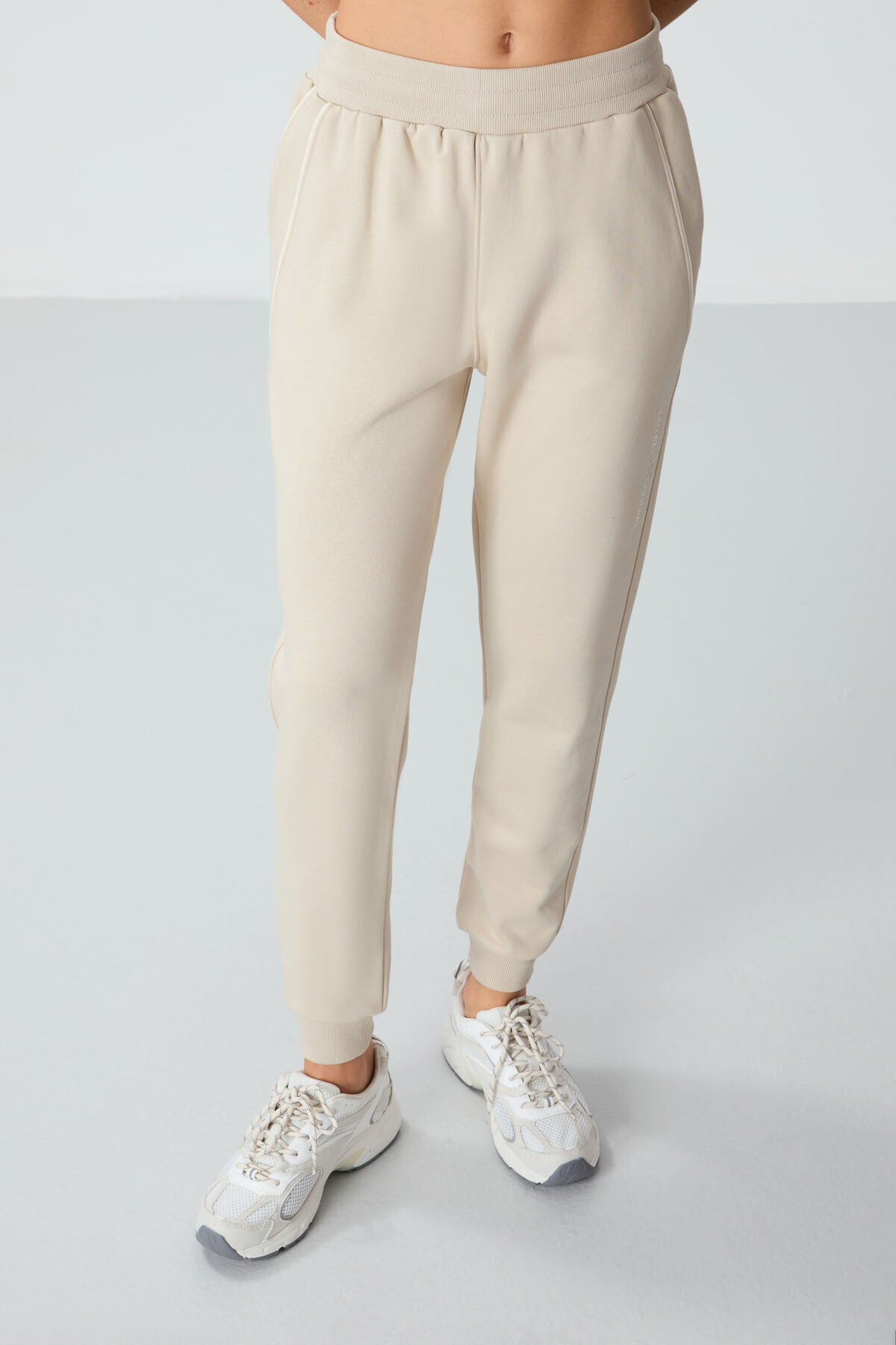 Compact Beige Cotton Thick Smooth Textured Standard Fit Women's Tracksuit Bottom - 94660