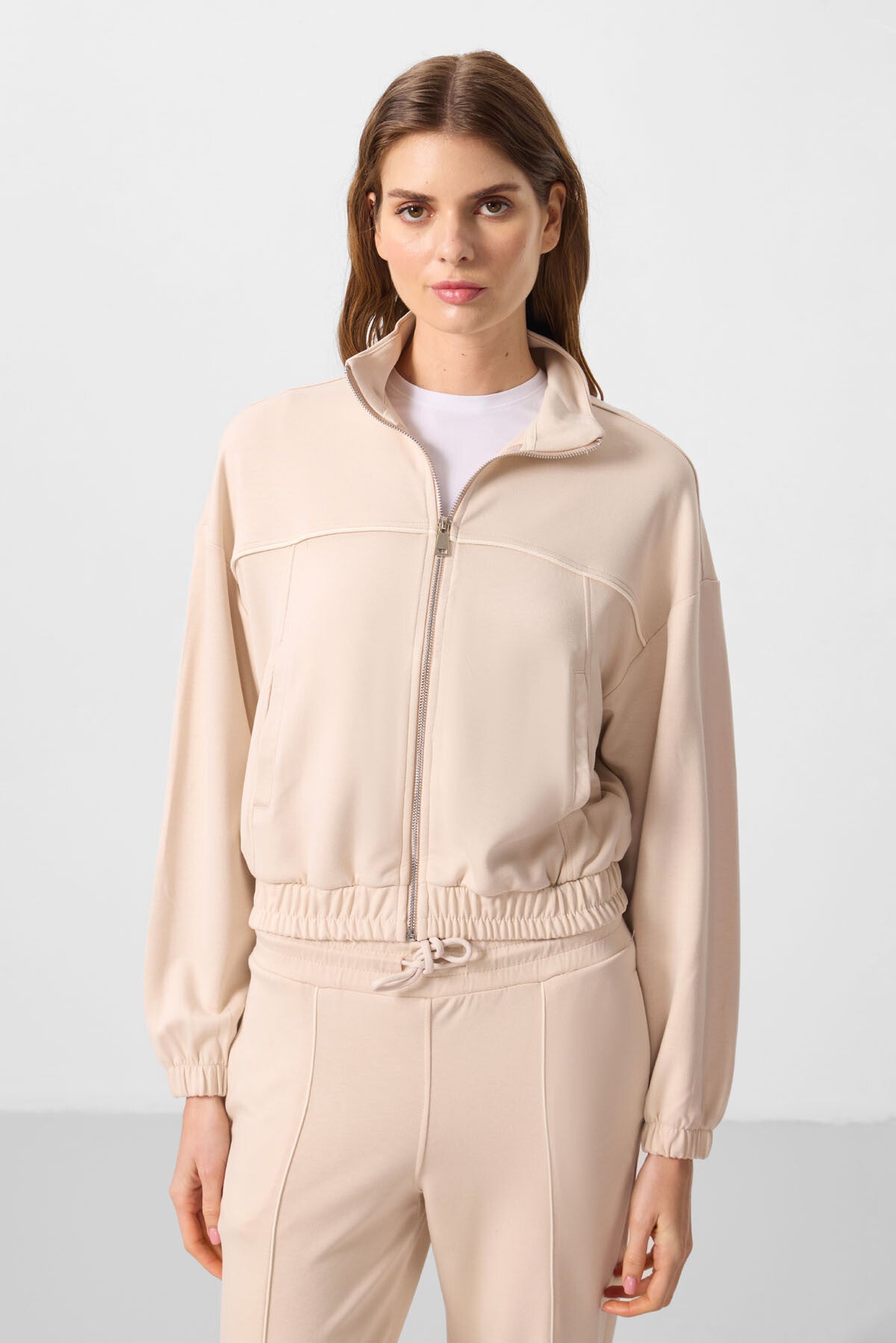 Soft Woven High Collar Oversize Elastane Women's Tracksuit Set - 95349