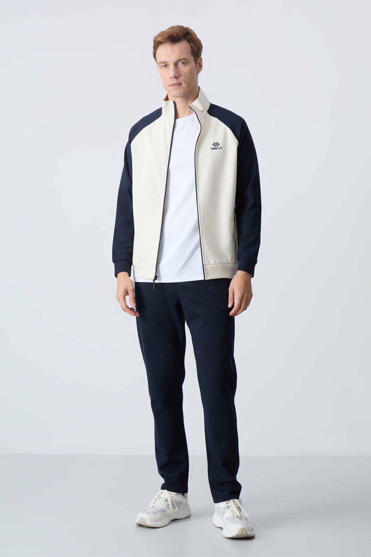 Navy Blue Thick Collar Two-Tone Comfort Fit Classic Hem Men's Tracksuit Set - 85113